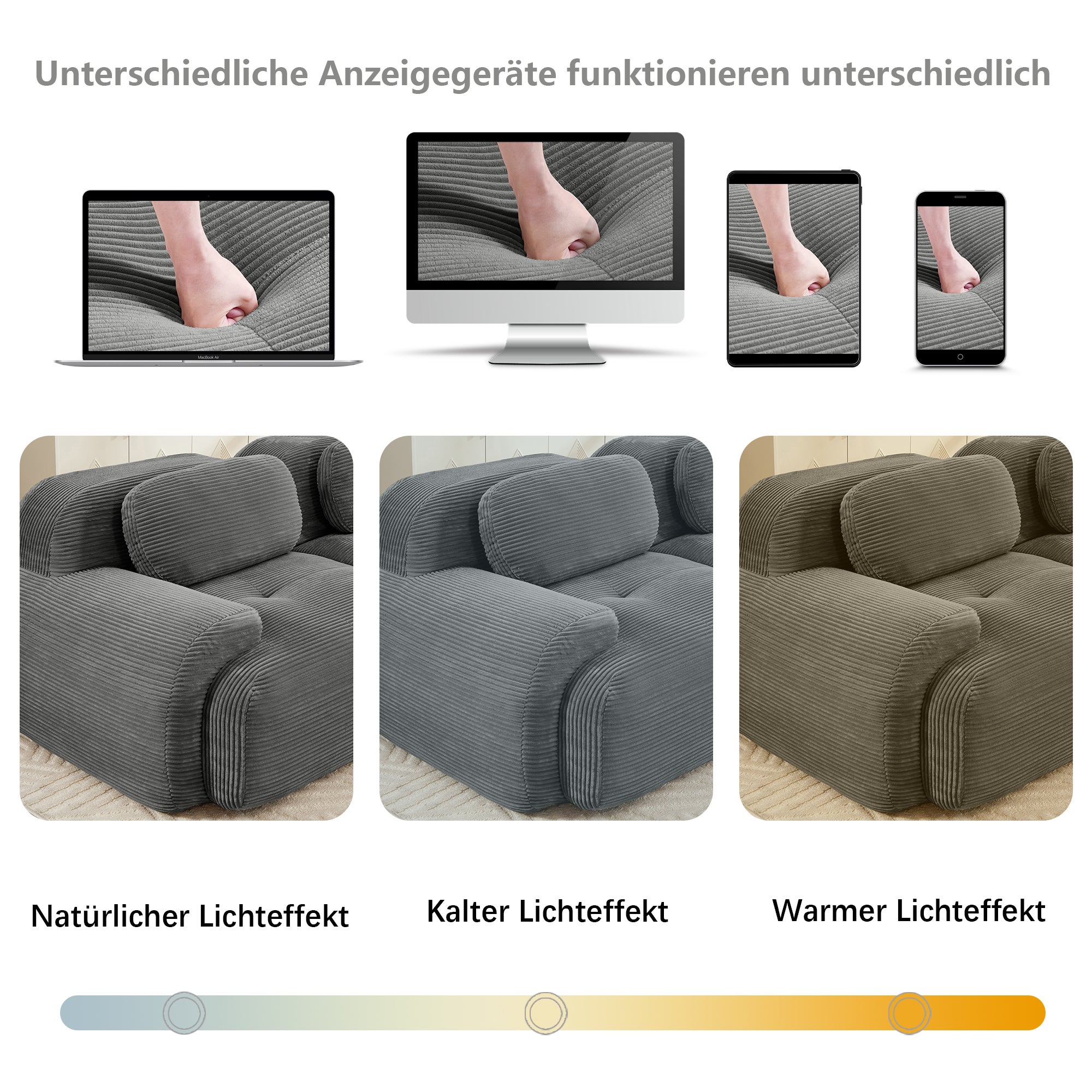 Canapé U modulable en tissu cord premium, Canapé d'Angle antidérapant, accoudoirs extra larges, rembourrage 32D, Canapé 3 Places Gris, sans montage - 7