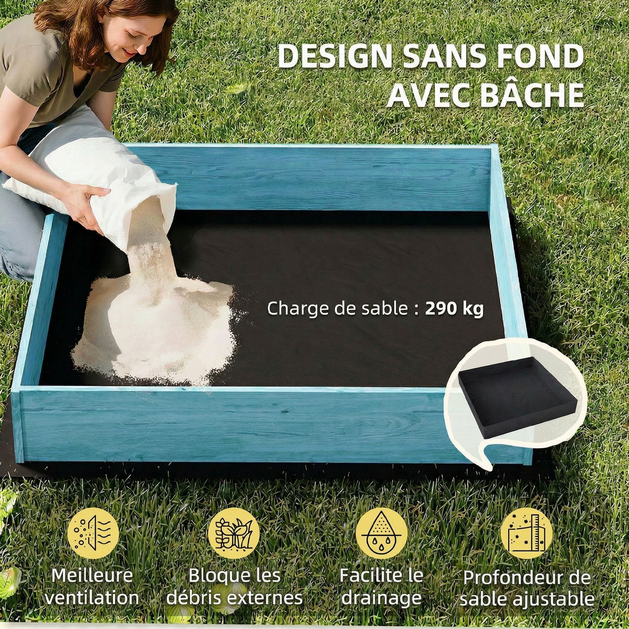 Bac à sable enfant - AIYAPLAY - couvercle et siège pliable - toile imprimée flamants - bois - bleu - 6