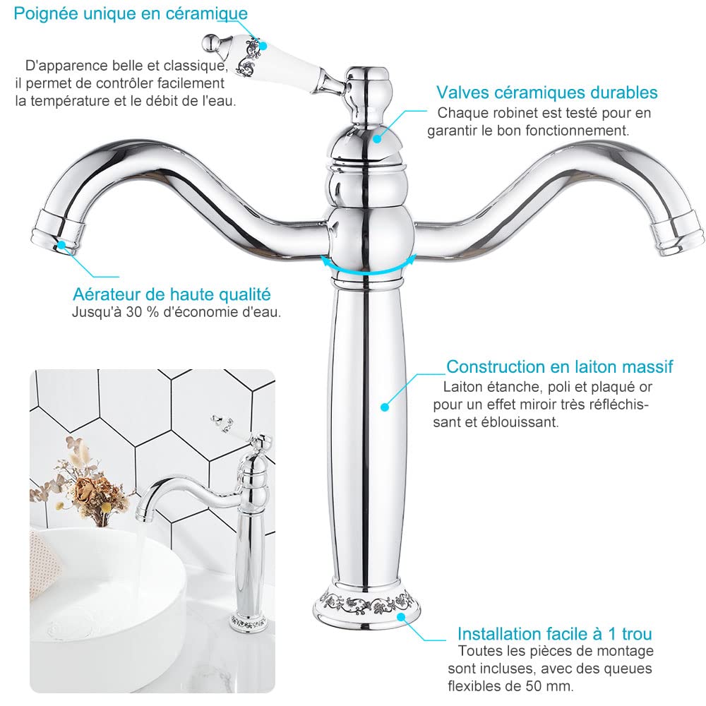 Grifo De Lavabo De Gran Altura, Grifo Retro Alto Con Mango De Cerámica