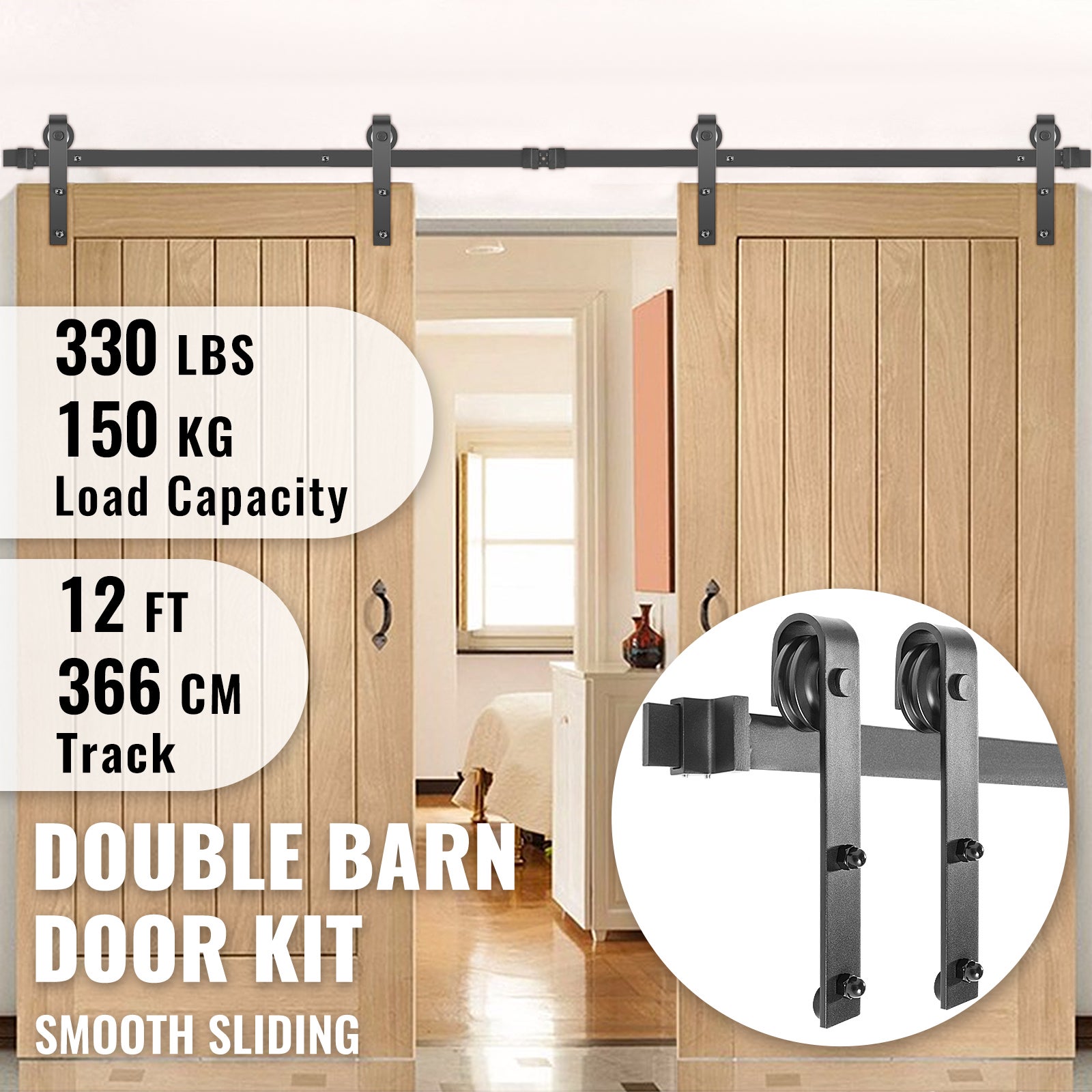 Kit ferramenta per porta doppia VEVOR da 366 cm, ferramenta per porta sospesa da 150 kg, binario per porta scorrevole in acciaio al carbonio, 4 ganci - 8