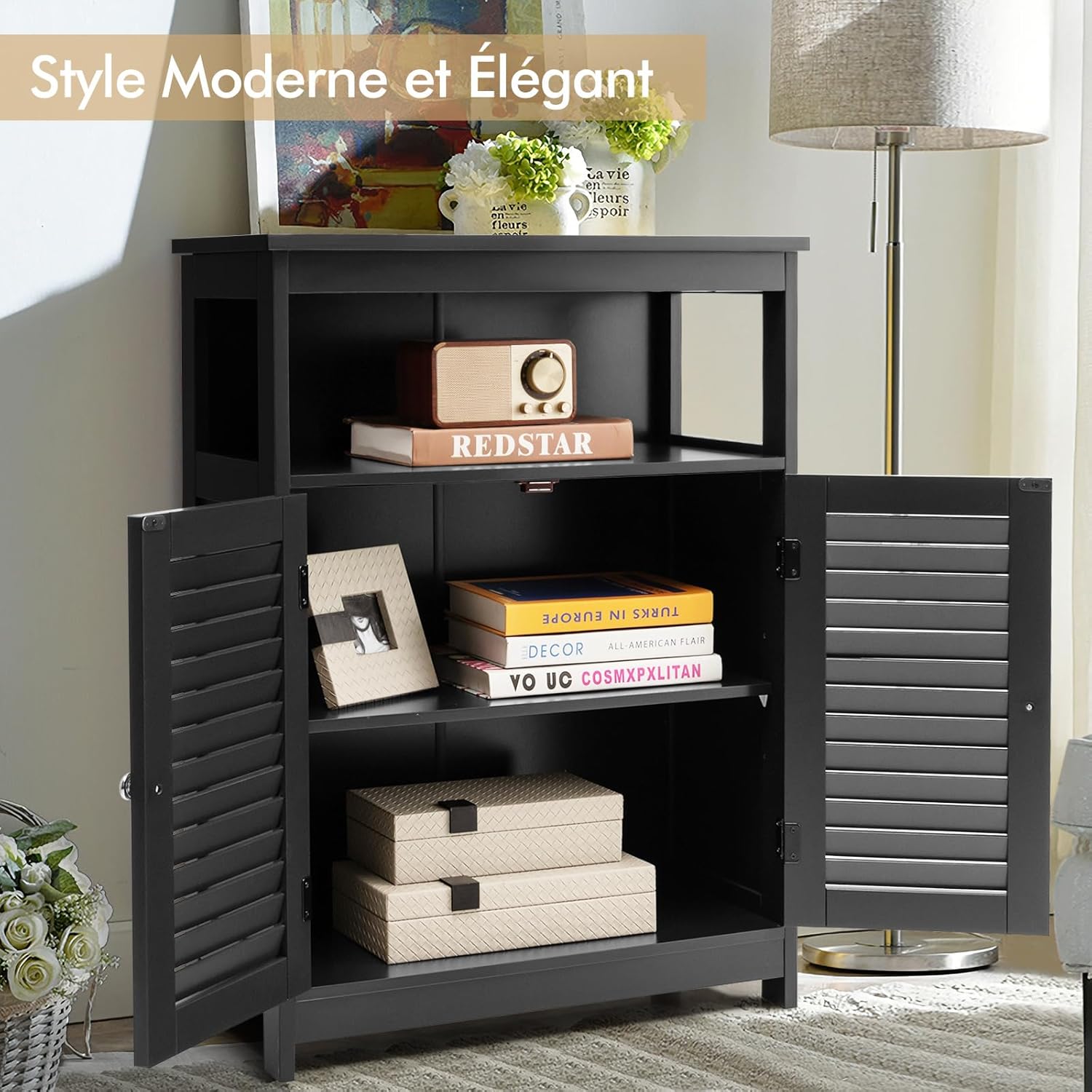 Armadietto da Bagno, Armadietto di Legno con Doppie Ante a Persiana e Mensola Regolabile, Mobile da Bagno Basso Salvaspazio per Ingresso e Cam - 5