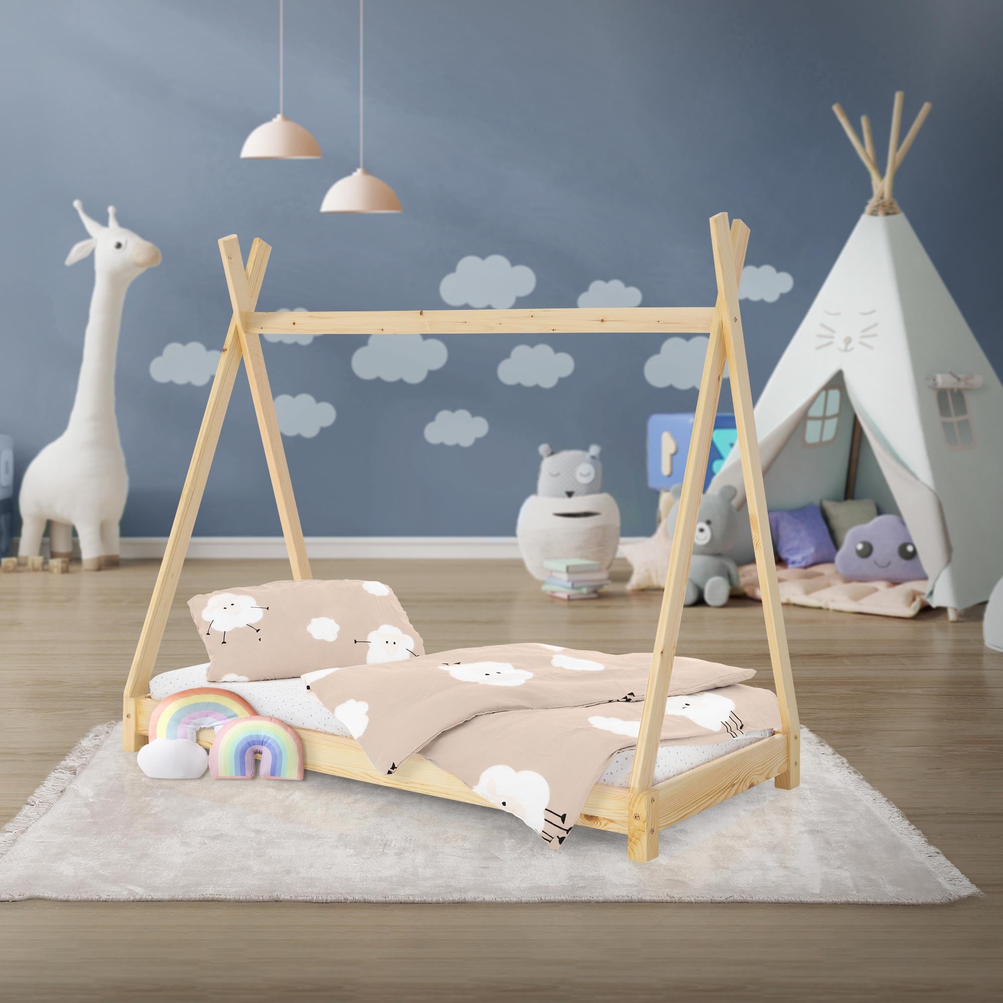 ML-Design łóżko tipi 70x140 cm naturalne z ramą listwową w stylu indianskim wykonane z drewna sosnowego dla chłopców i dziewczynek łóżko młodzieżowe