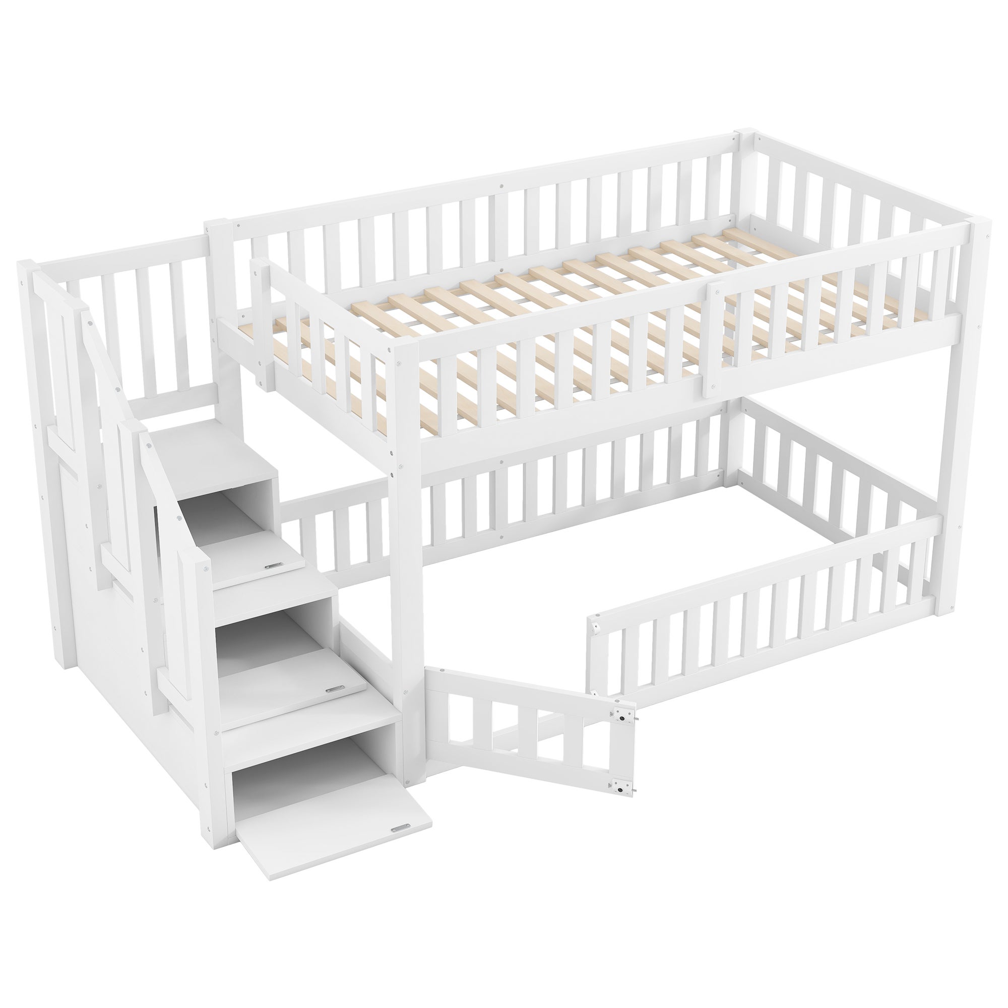 Litera Infantil 90x200 cm Blanco, Madera de Pino + MDF, Cama Baja con Escalera de Almacenamiento, Barandilla Segura - 8