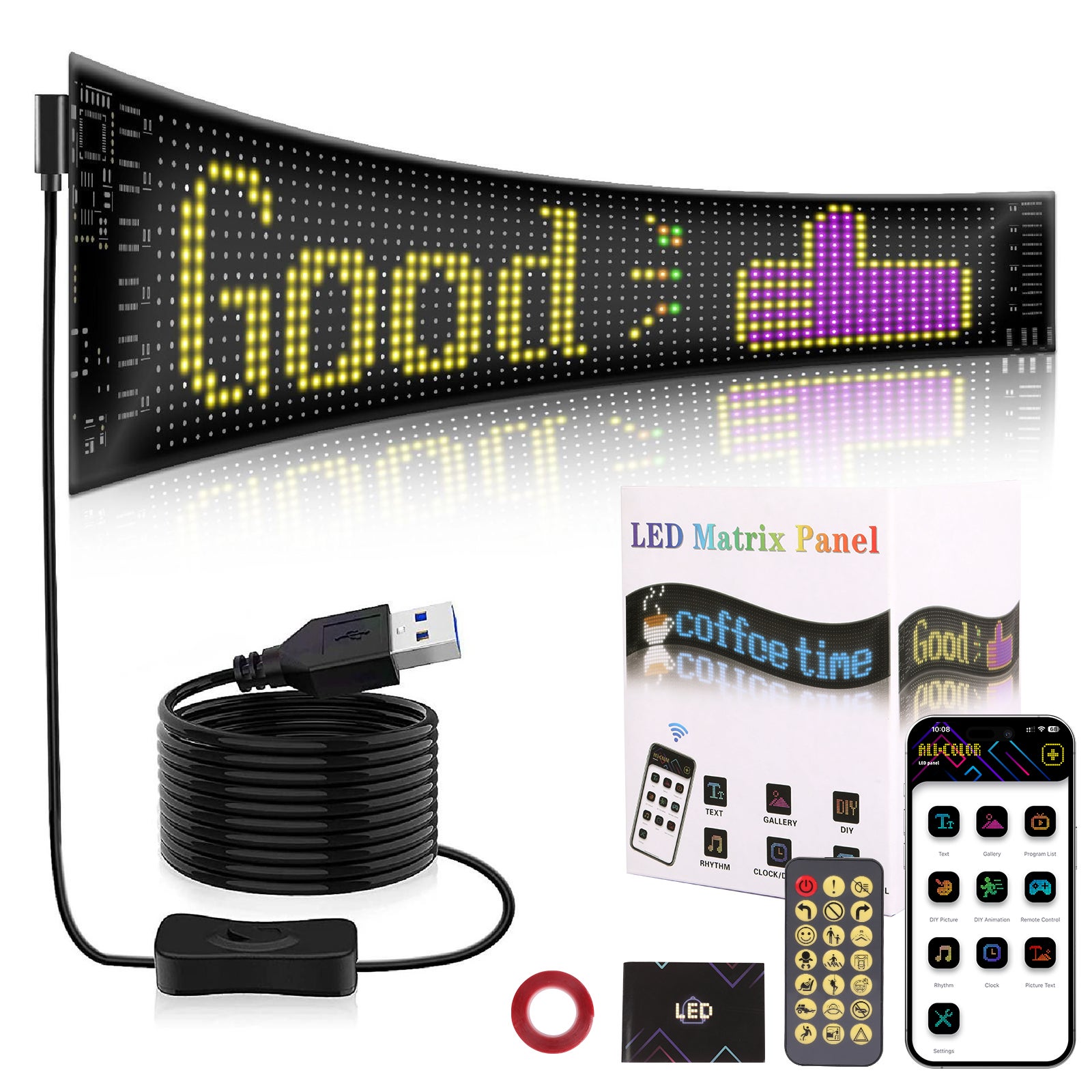Schermo LED Flessibile A Colori 16x64 Pixel, 390x107mm, Programmabile Via App, Display A Scorrimento Per Negozi, Bar, Auto, Pubblicità, Alimentazione USB/12V - 4