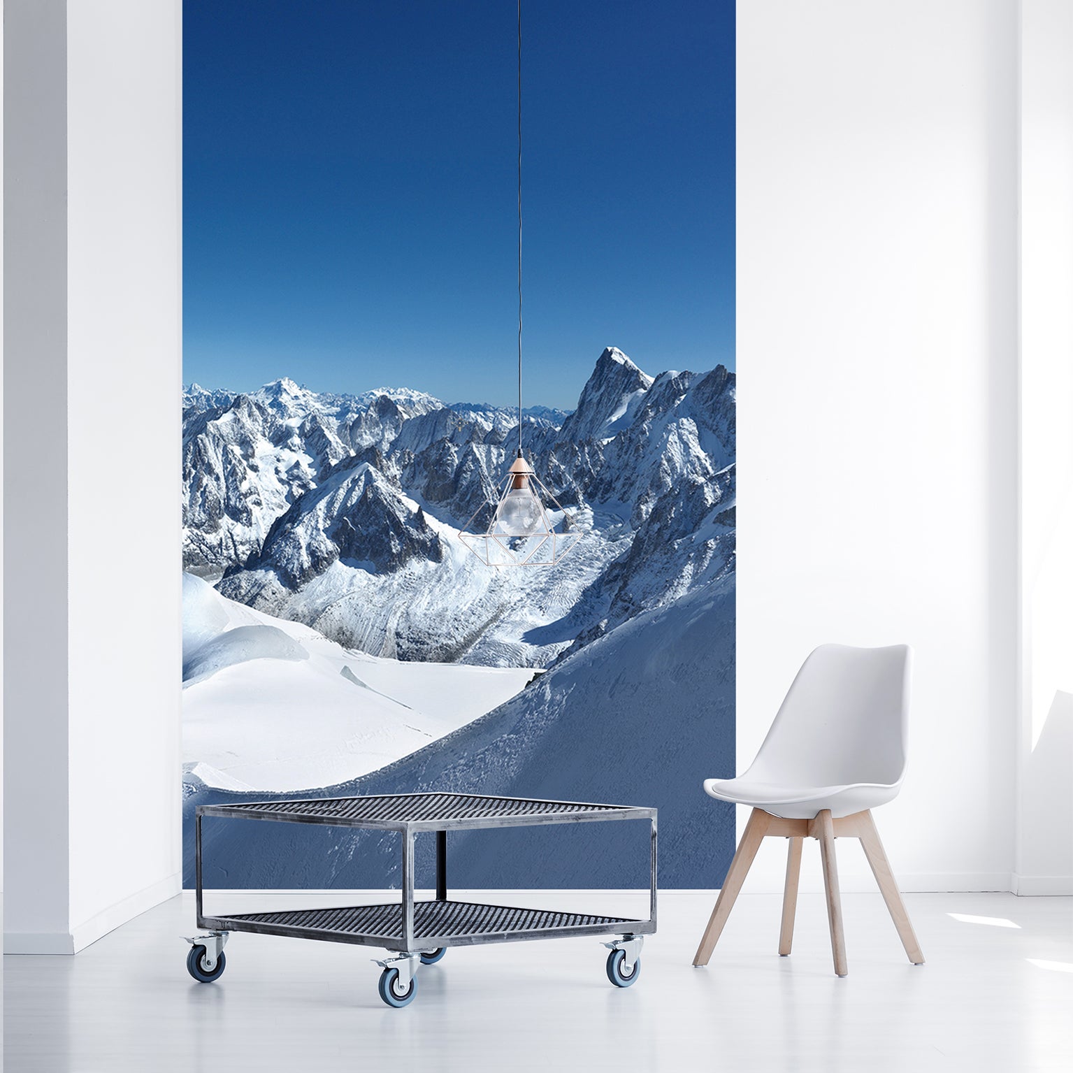 Papelera panorámica asegurada, papel introductivo, foto panorámica en las cumbres de la montaña nevada con un cielo azul, 250 cm x 150 cm