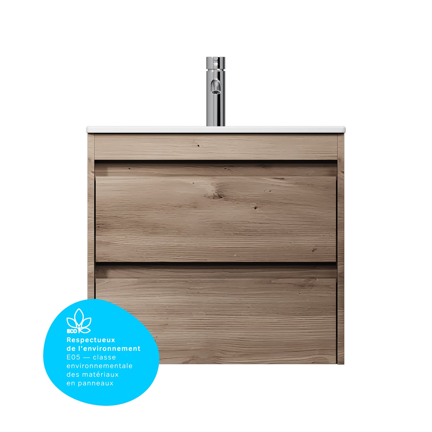 Meuble salle de bains avec Vasque en Céramique Meuble simple vasque suspendu 60 cm effet bois clair avec lavabo intégré, 2 tiroirs, design, AM.PM - 9