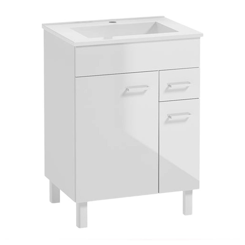 Szafka Łazienkowa z Umywalką Stojąca 60 x 46 Biała Połysk z Półką i Szufladką