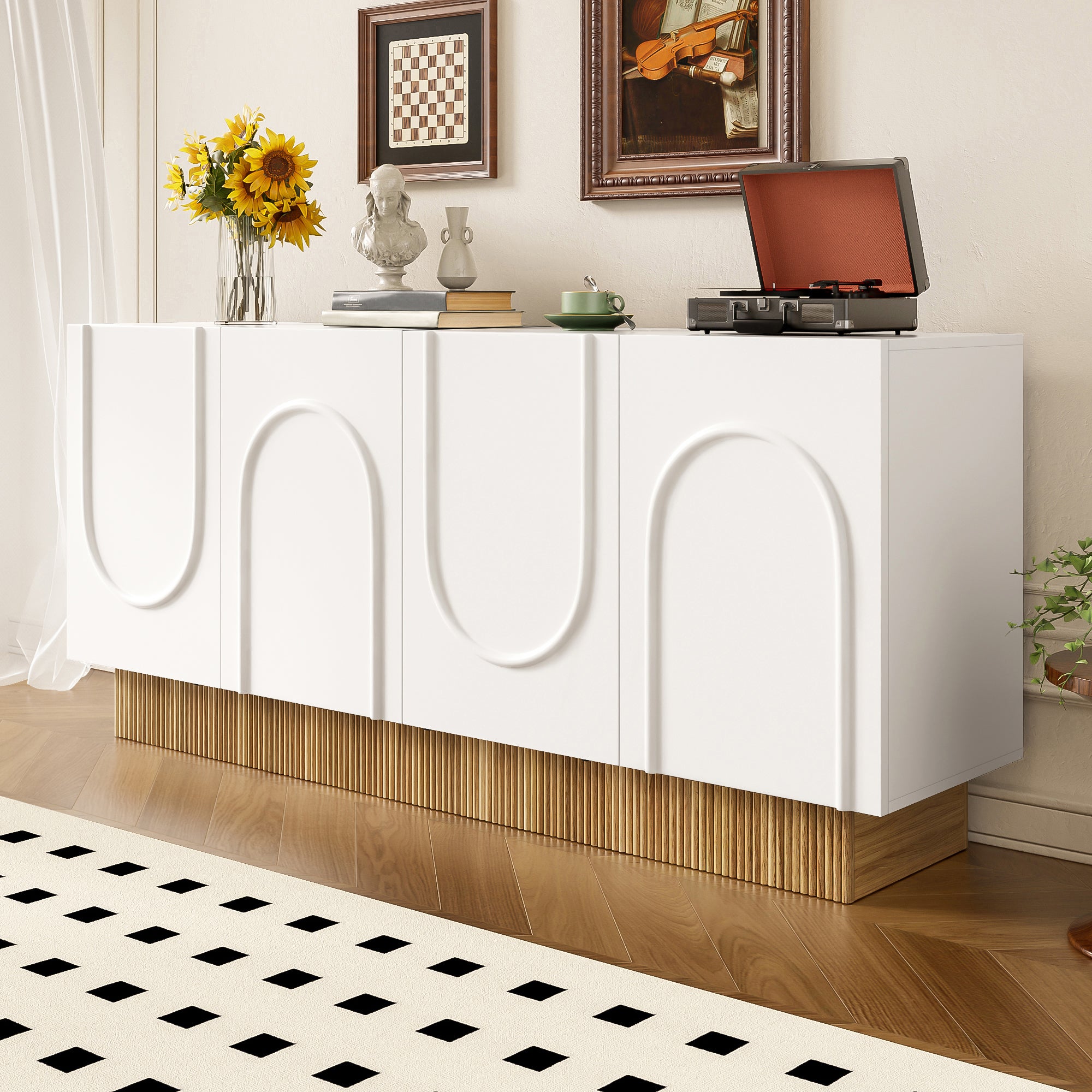 Buffet moderne avec 4 portes - 160 x 75 x 38 cm - Panneau de particules - pour salon, salle à manger - Blanc et bois - 8