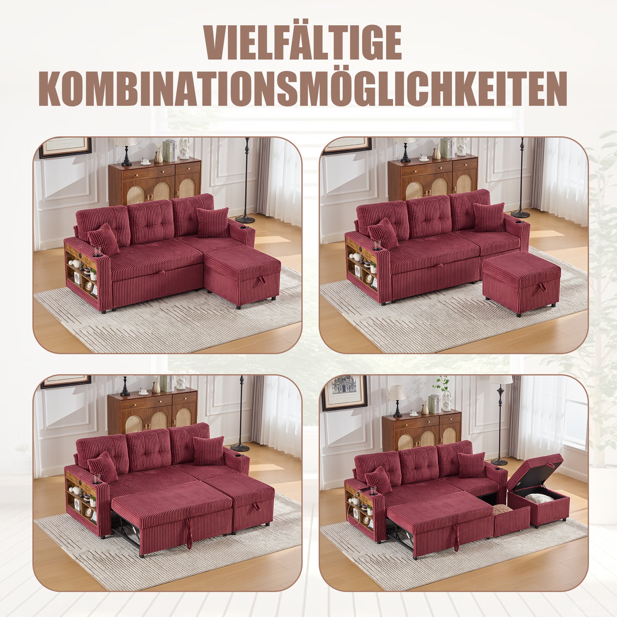 Canapé multifonctionnel en velours côtelé - Rangement + Lit pliant + USB-C + Éclairage d'ambiance + Porte-gobelet (Salon/Chambre d'amis) - 9