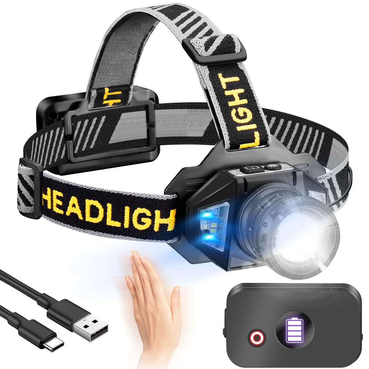 Lampe Frontale EverBrite Rechargeable USB – 350 LM – Détecteur Mouvement – 6 Modes – Rouge & Blanc – Pêche, Camping, Rando