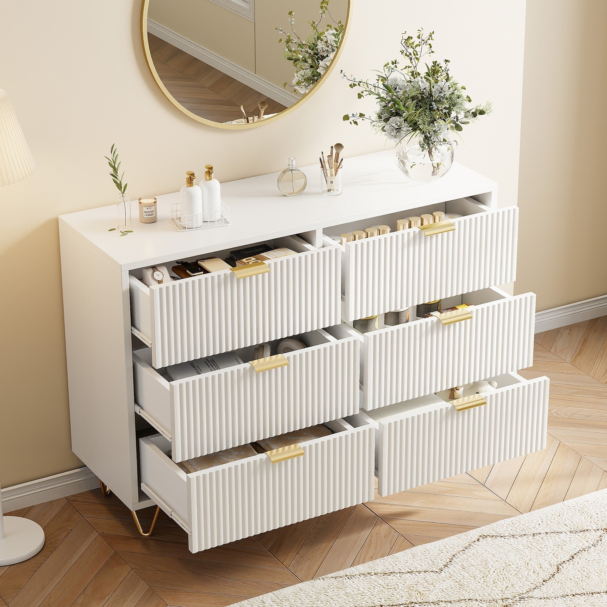 Commode à 6 tiroirs - 100x34x73cm - avec poignées et pieds en métal doré - designe moderne - blanc - 2