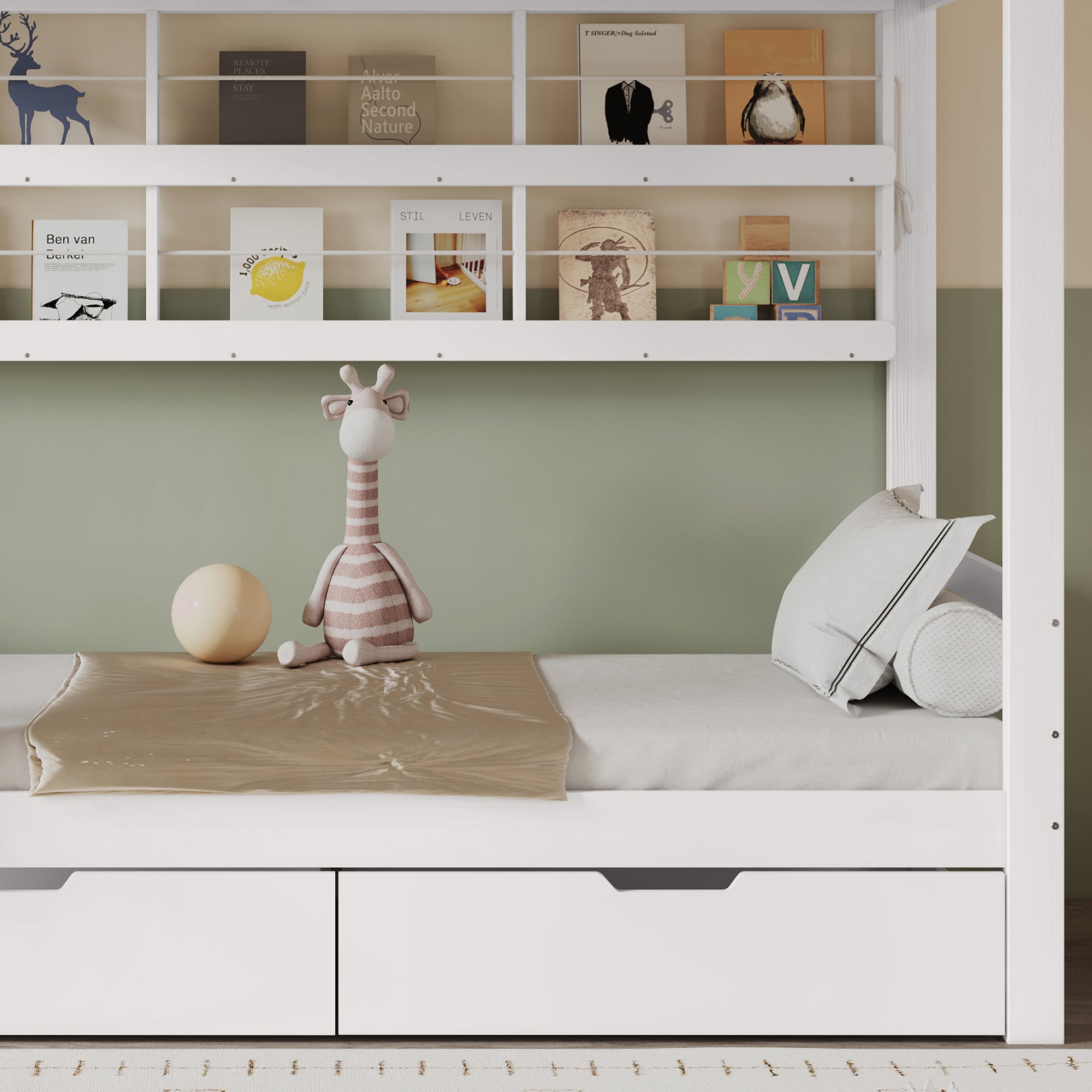 Lit superposé 90x200 cm - avec 2 tiroirs - avec des étagères ouvertes - Bois massif + MDF - Blanc (sans matelas) - 2