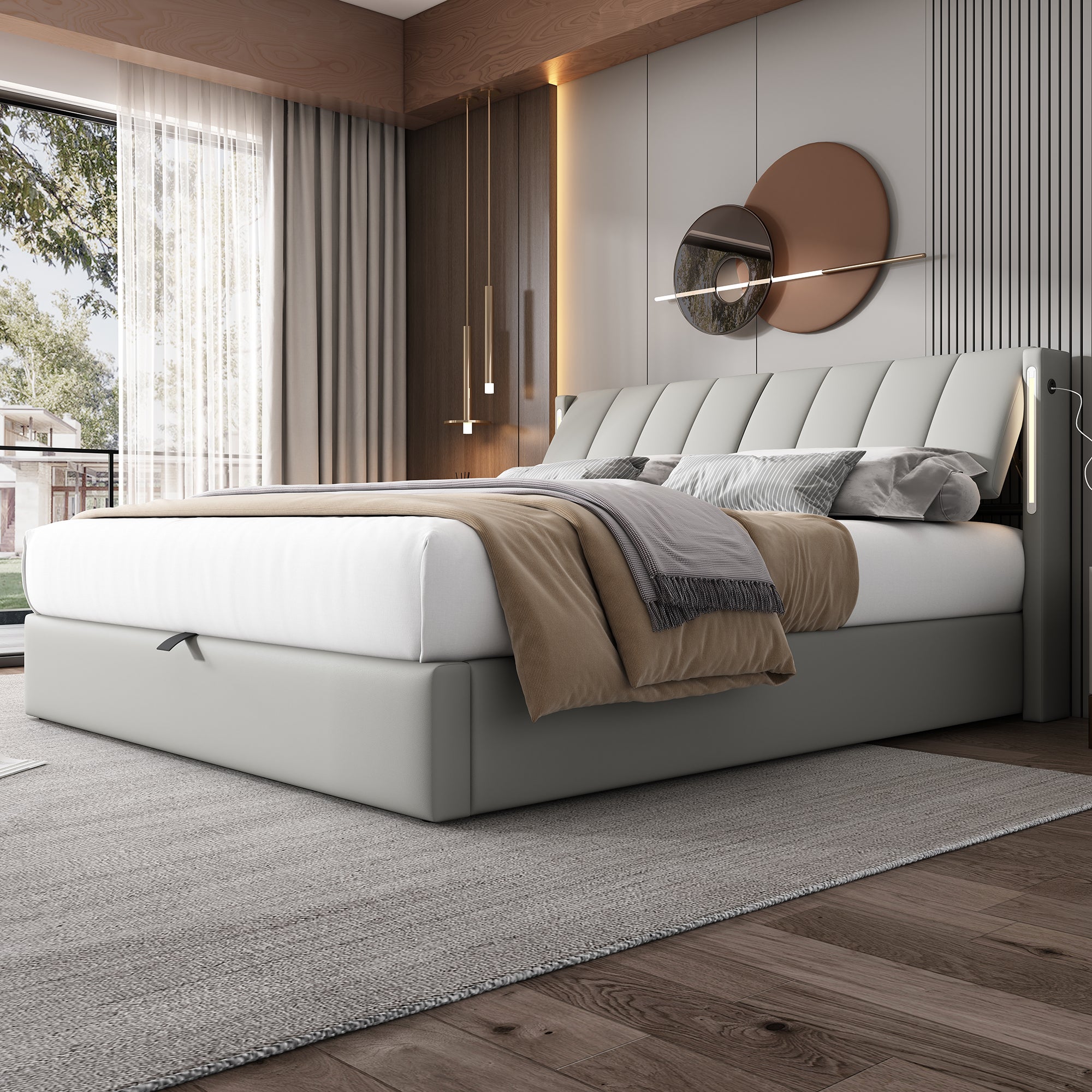 Cama Matrimonial 160x200 cm con Contenedor, USB + LEDs en ambos lados - Hidráulica Tapizada + Cabecero Ajustable, Somier de Láminas - PU + Gris - 3