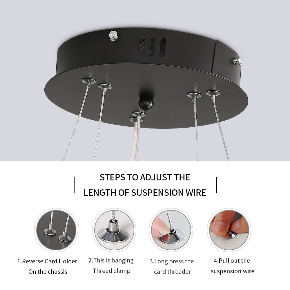 GOECO Lampadario sospeso circolare da 32W con 2 anelli regolabili, illuminazione contemporanea soggiorno Sala da pranzo - Luce bianca 6500K - Nero - 3