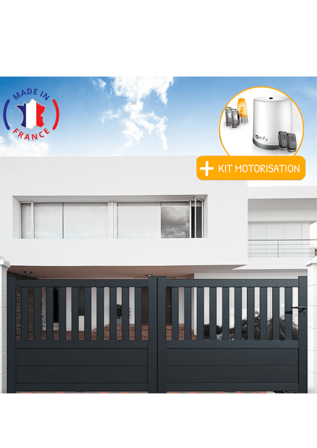 Portail aluminium coulissant semi-ajouré en kit + Motorisation dimensions L.3500 (entre piliers) X H.1300 mm Couleurs Gris (RAL 7016)