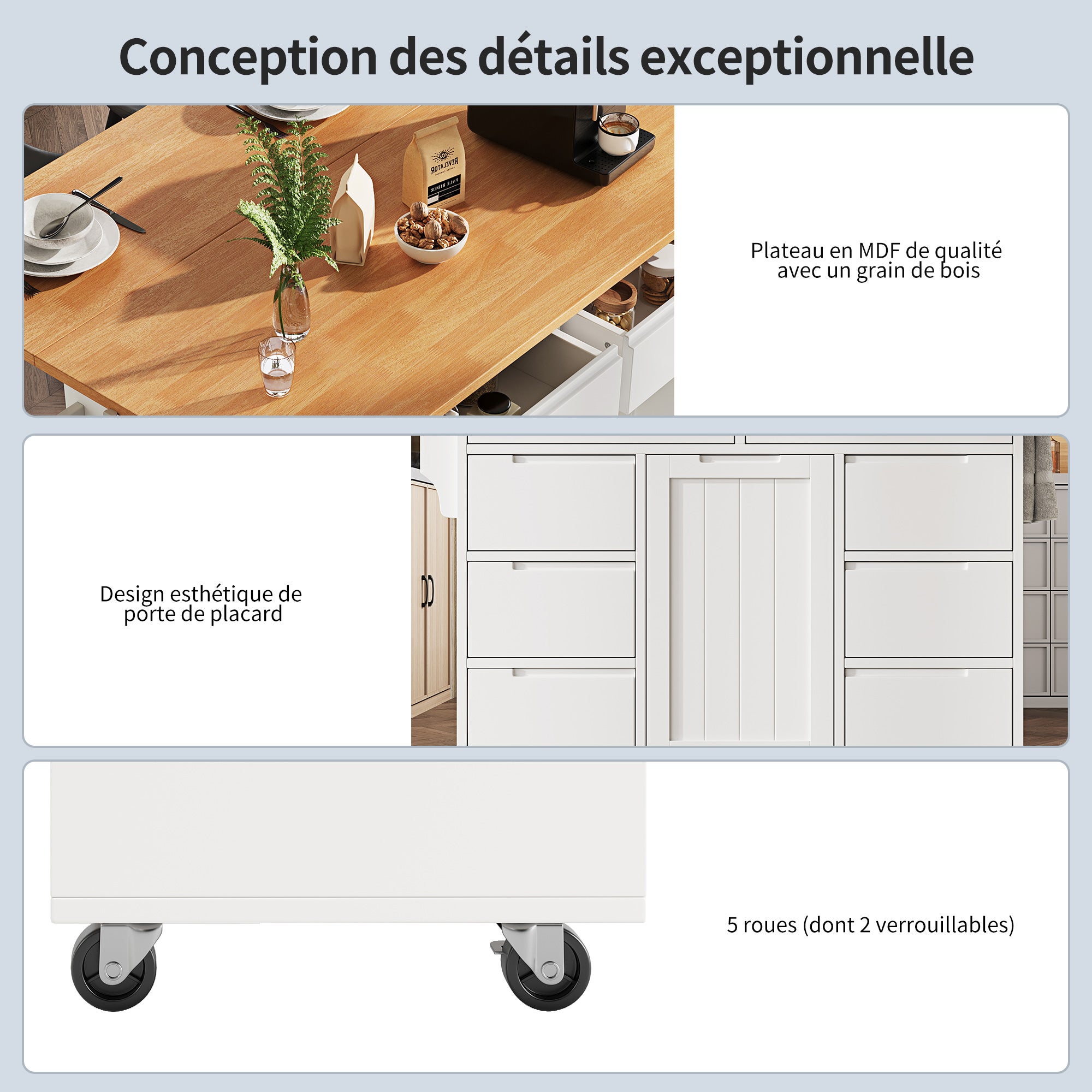 Îlot de cuisine avec 8 tiroirs, table à manger extensible 122x46-74.5x91.5 cm, meuble rangement mobile avec plateau MDF et roulettes, blanc - 7