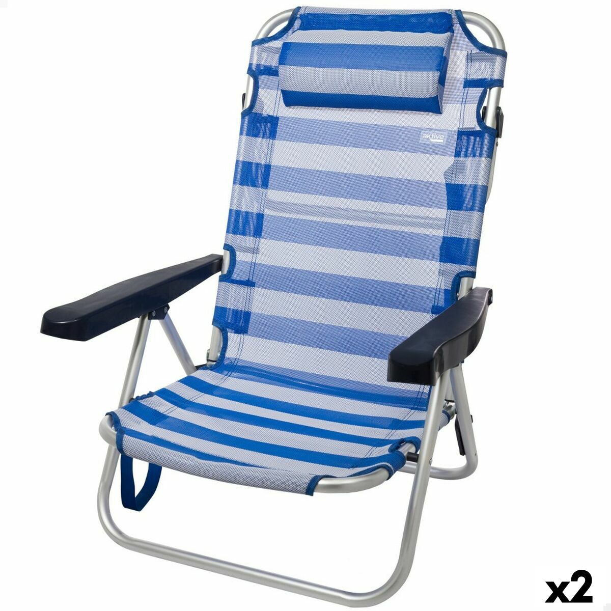 AKTIVE Confezione 2 Sedie Da Spiaggia Pieghevoli Blu - Schienale 4 Posizioni, Cuscino, Tasca, Portata 110kg - Leggere E Anti-ribaltamento