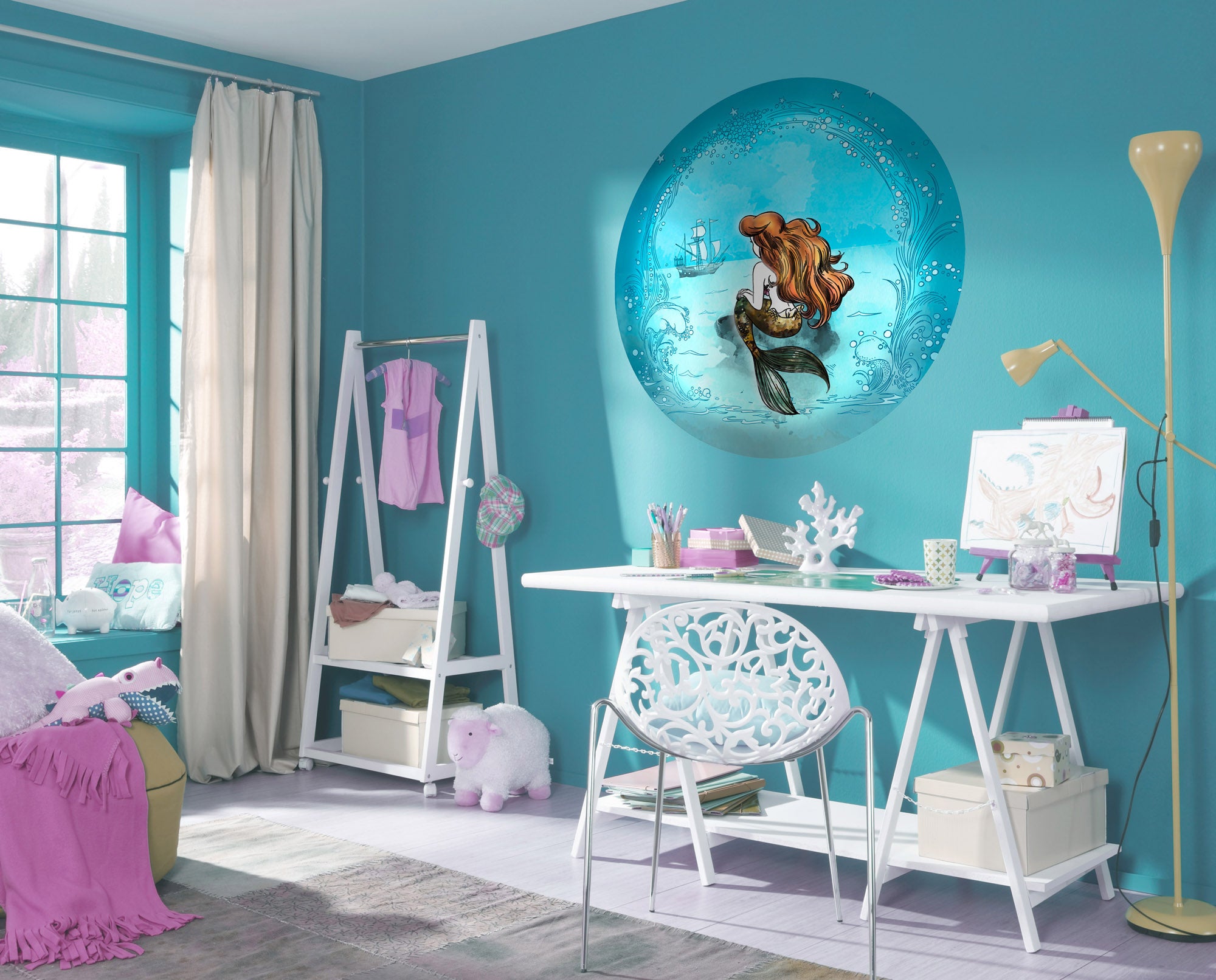 Papel pintado panorámico redondo en tela no tejida autoadhesiva de komar - disney ariel dreaming - talla: ⌀125 cm