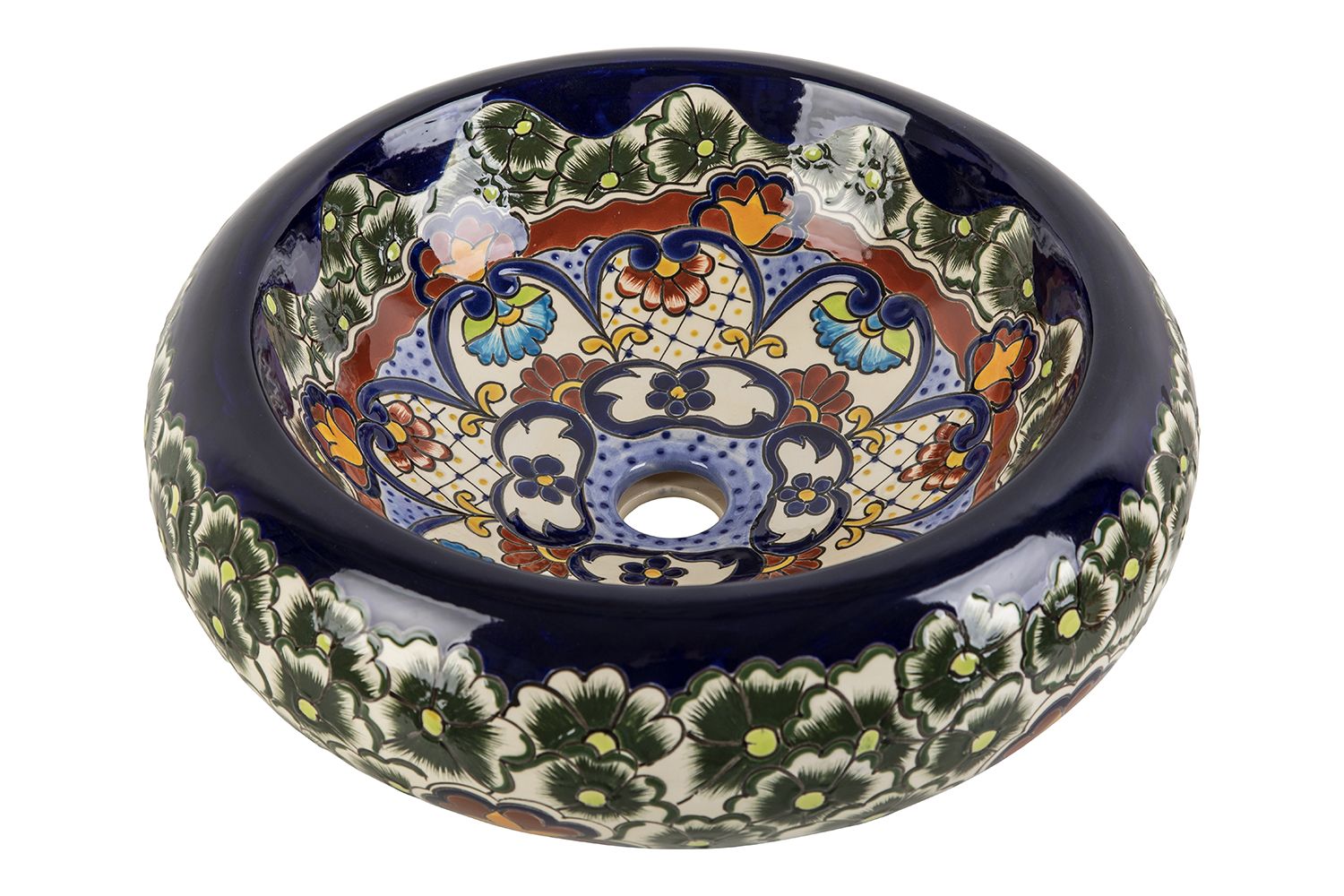 Meksykańska ceramiczna umywalka nablatowa z reliefem Juanetta Prima – okrągła umywalka łazienkowa 40 x 13,5 cm | Umywalka z motywami Talavera