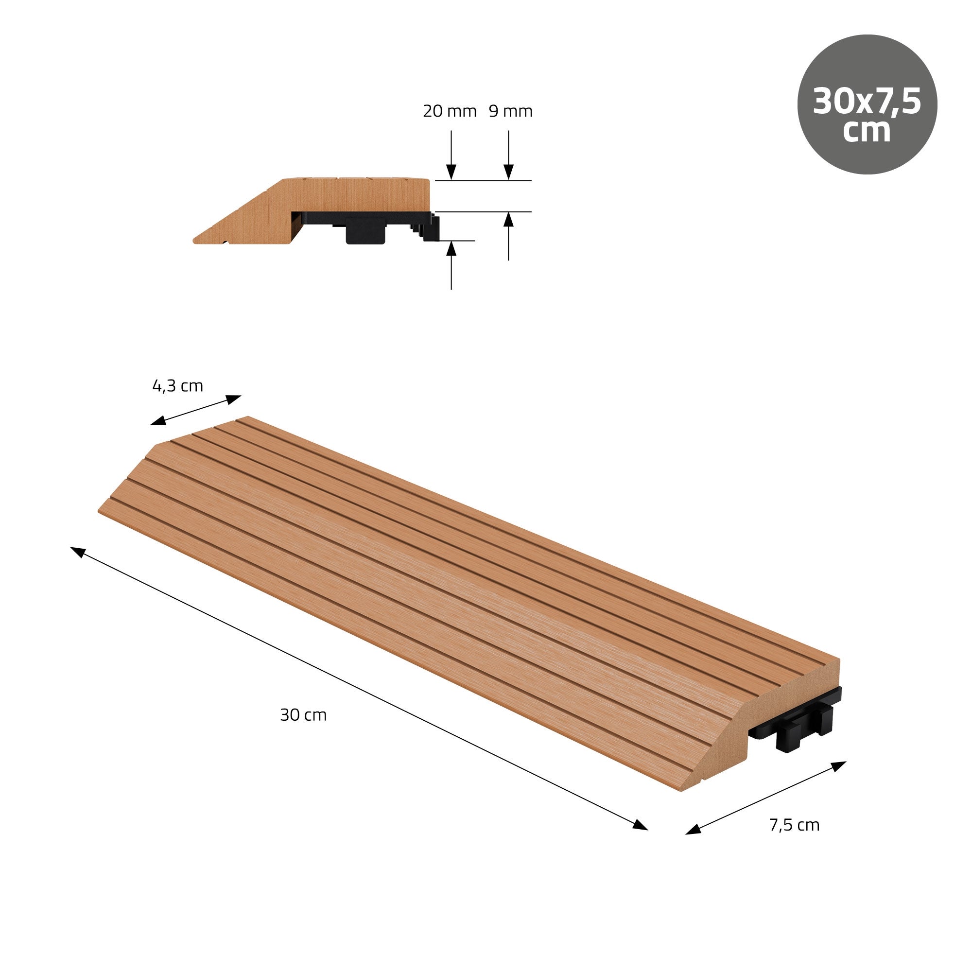 ML-Design listwa prosty wpc jasnobrązowy 38x2x7,5 cm profil drewnopodobny ryflowany z odpływem wzmocniona baza system klik obróbka krawędzi - 7