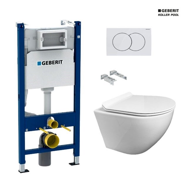 Bâti-support GEBERIT Duofix pack réservoir encastrable et plaque DELTA 01 Blanc Brillant avec WC suspendu ROUND SMART Blanc abattant fin par KP