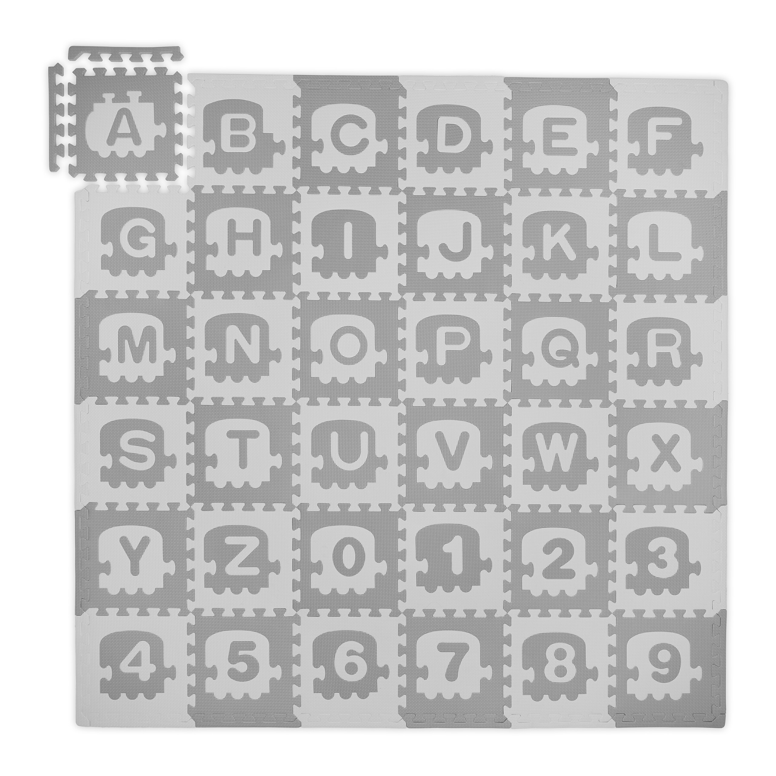 Relaxdays alfombra infantil puzzle letras y números, tapete de juego para niños, 179,5x179,5 cm, gomaespuma, blanco/gris