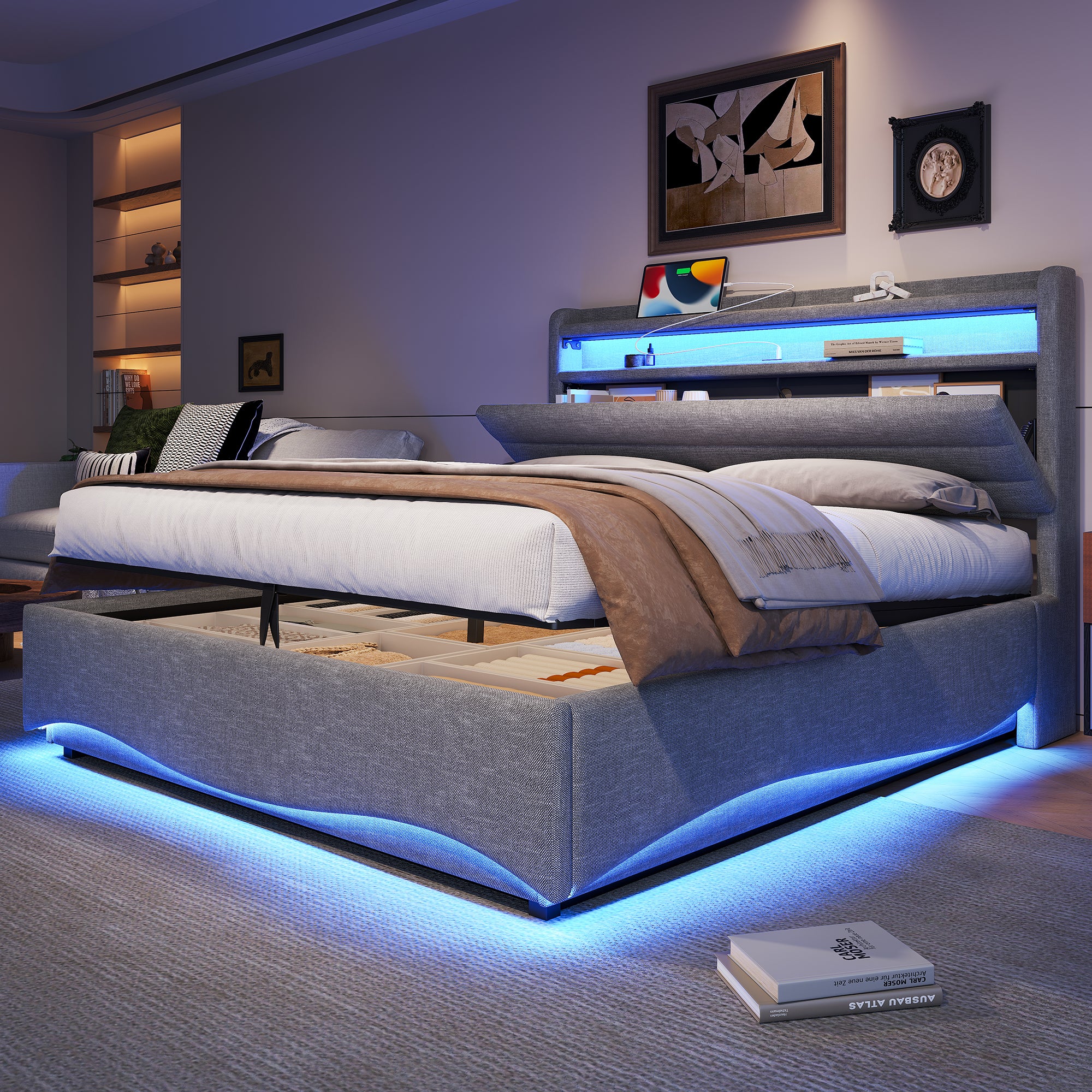 Tapicerowane łóżko z pojemnikiem 140x200 cm - z oświetleniem LED - z interfejsem USB + Type-C - tkanina lniana - szary