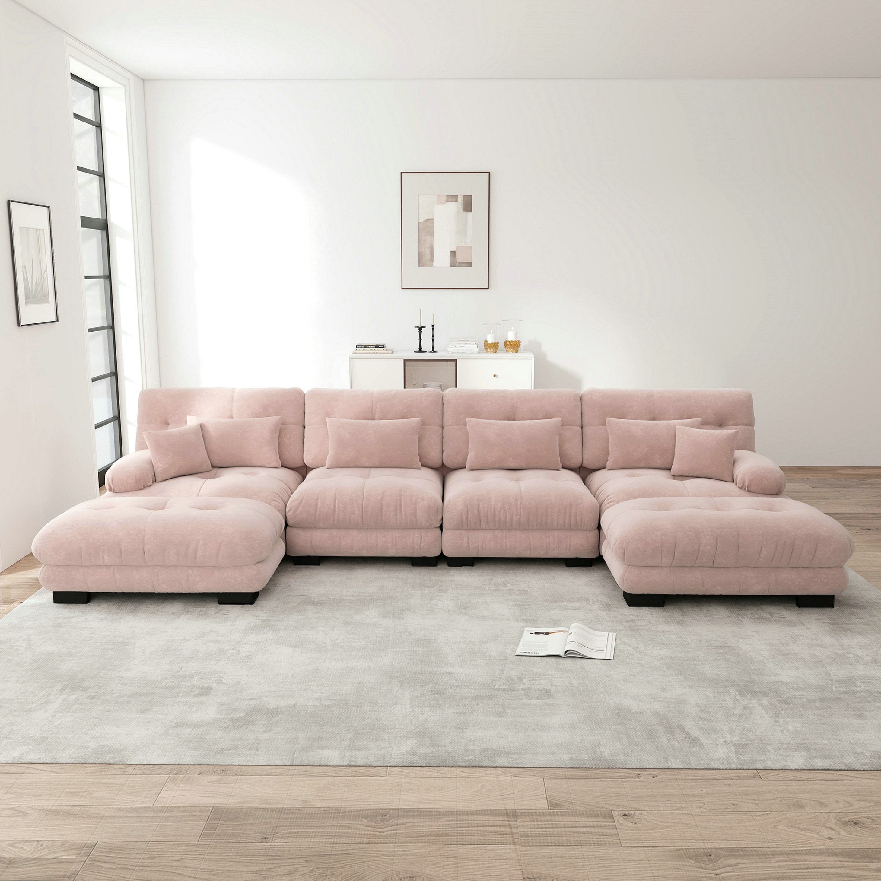 Canapé d\'angle modulable, ensemble en forme de U 4 places confortable effet nuage - avec pouf amovible - chenille - rose - 3