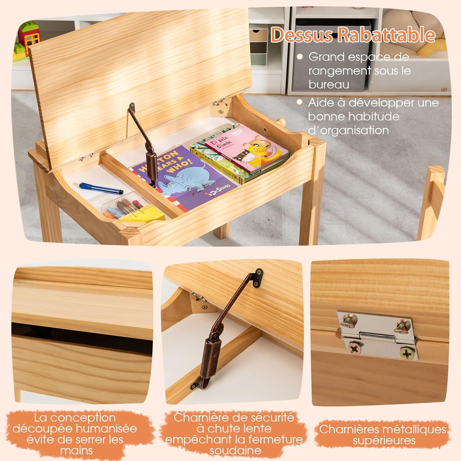 Set Tavolo e Sedia per Bambini, Scrivania Ribaltabile con Sedia per Bambini in Legno, con Cassetto e Gancio Estraibile, Bianco/Naturale (Natur - 3