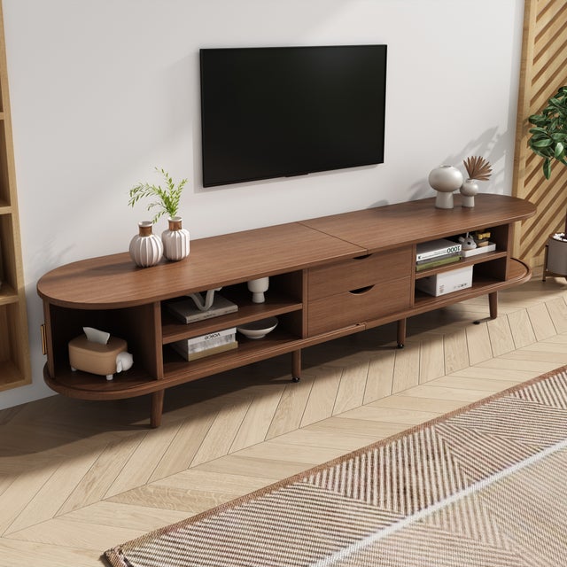 Meuble TV avec 2 portes coulissantes et 2 tiroirs pour TV 75 pouces - 175 x 40 x 42 cm - MDF - Noyer