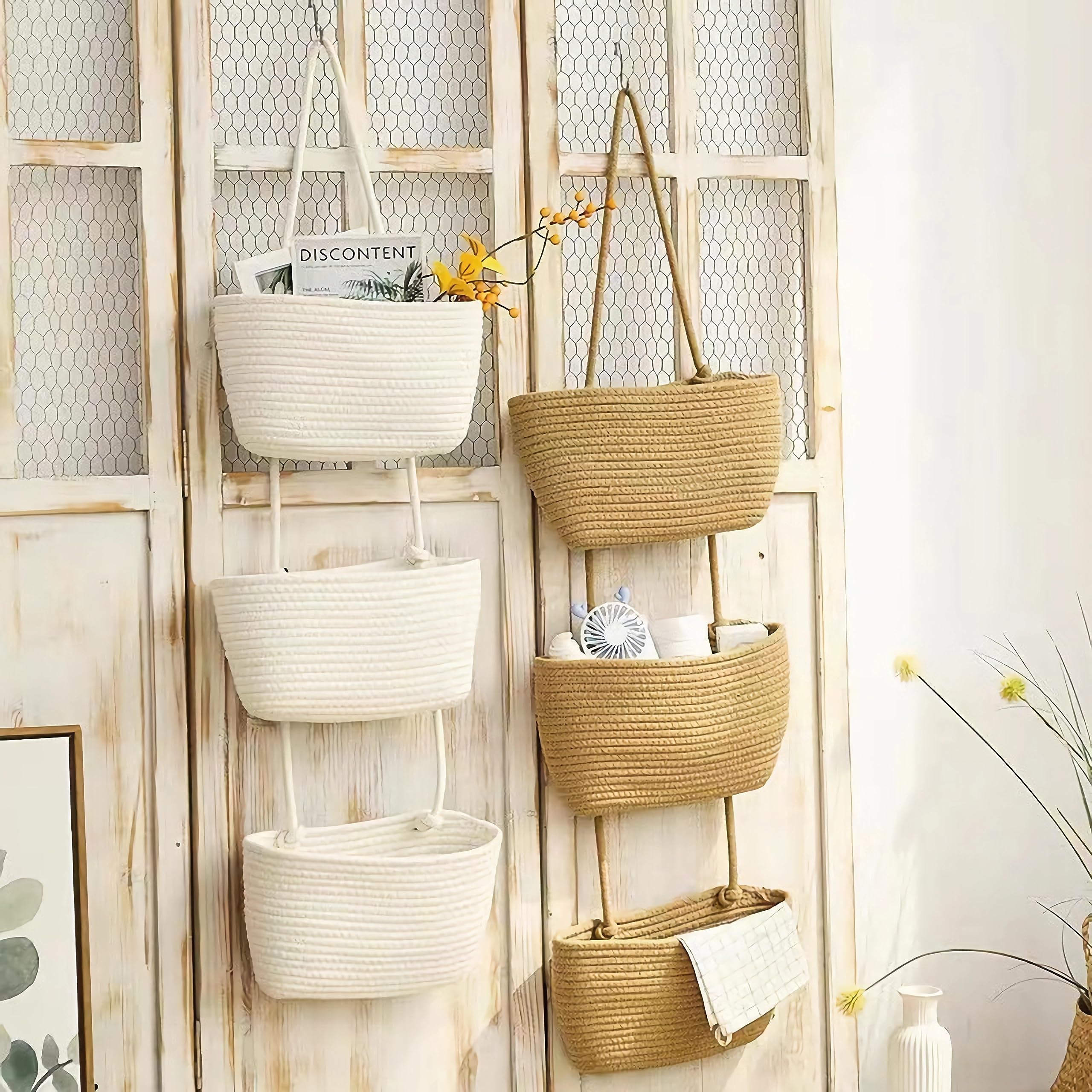 Paniers suspendus au-dessus de la porte, sac de rangement en coton tissé à 3 niveaux, paniers de cuisine décoratifs muraux pour chambre d'enfant - 3