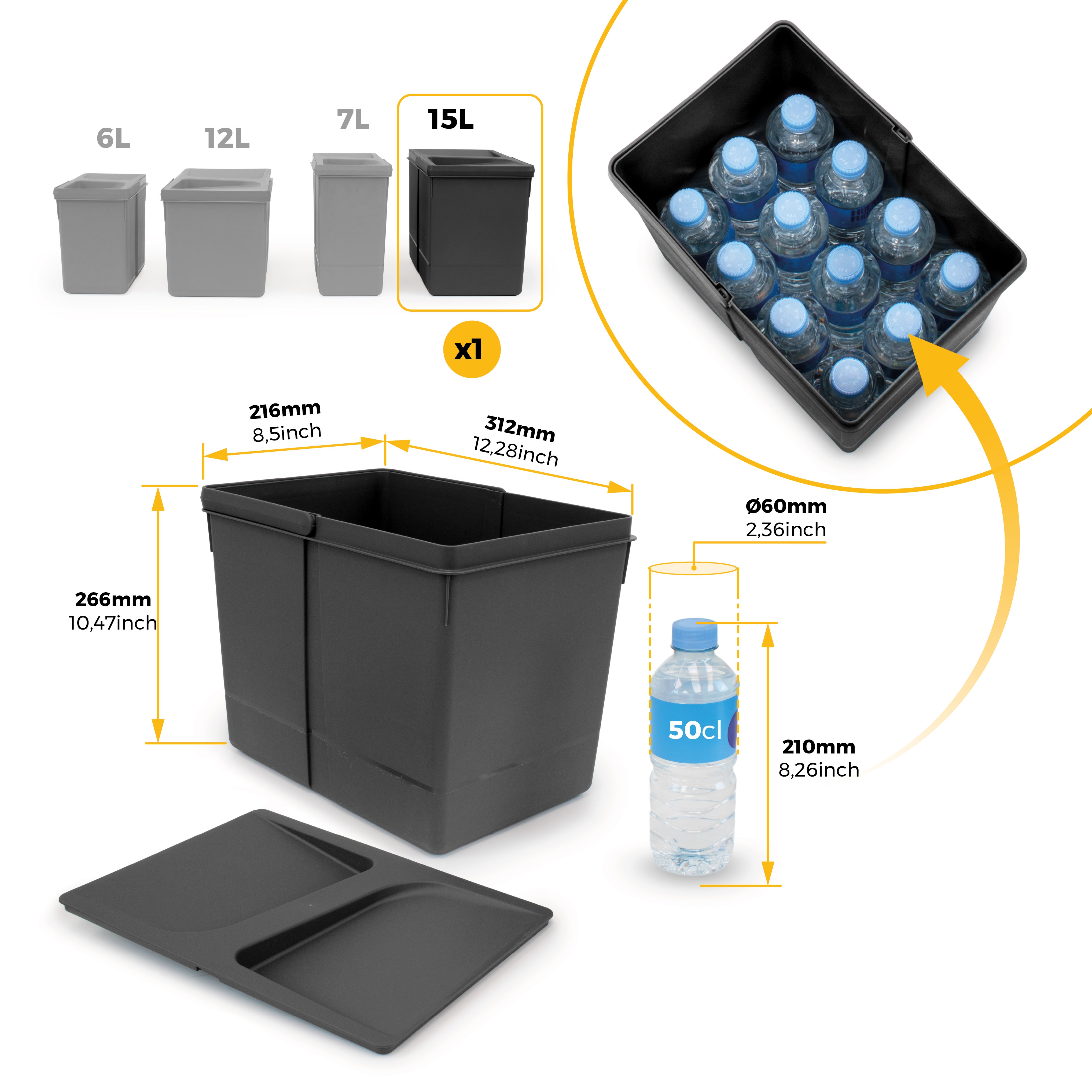 Emuca Kit de bacs de tri sélectif pour tiroirs de cuisine Recycle hauteur 266mm, 1x15litres, Plastique, Noir - 5