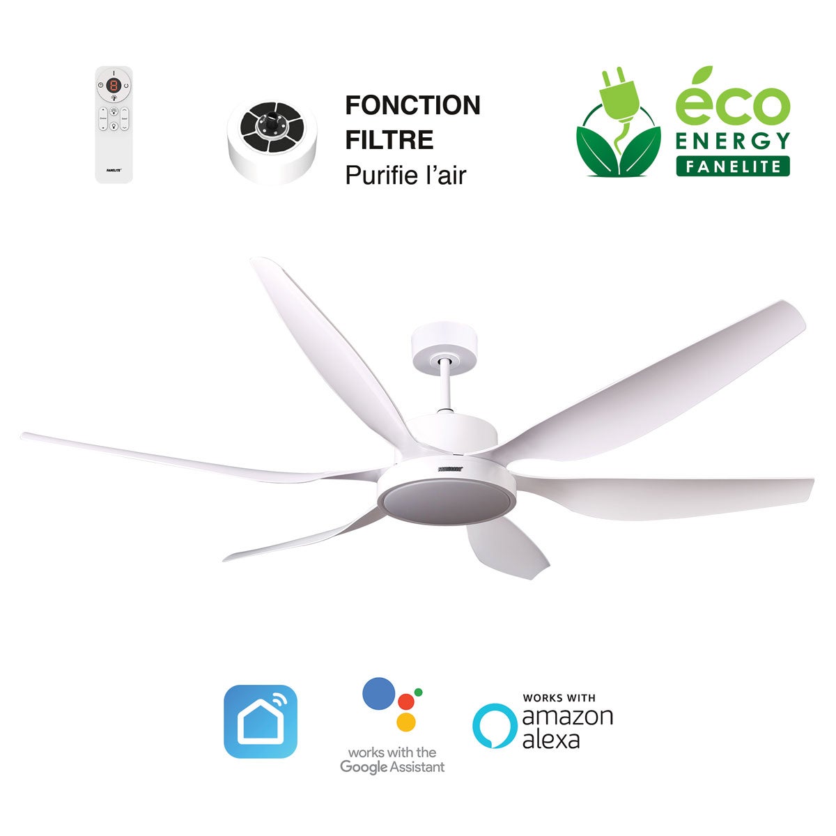 Avec Lampe Intégrée Fanelite 132 Saona Brasseur D'air DC Blanc 132 Cm Avec Tu00e9lu00e9commande - LED - 3 Pales Fanelite Dc 38w Ventilateurs De Plafond
