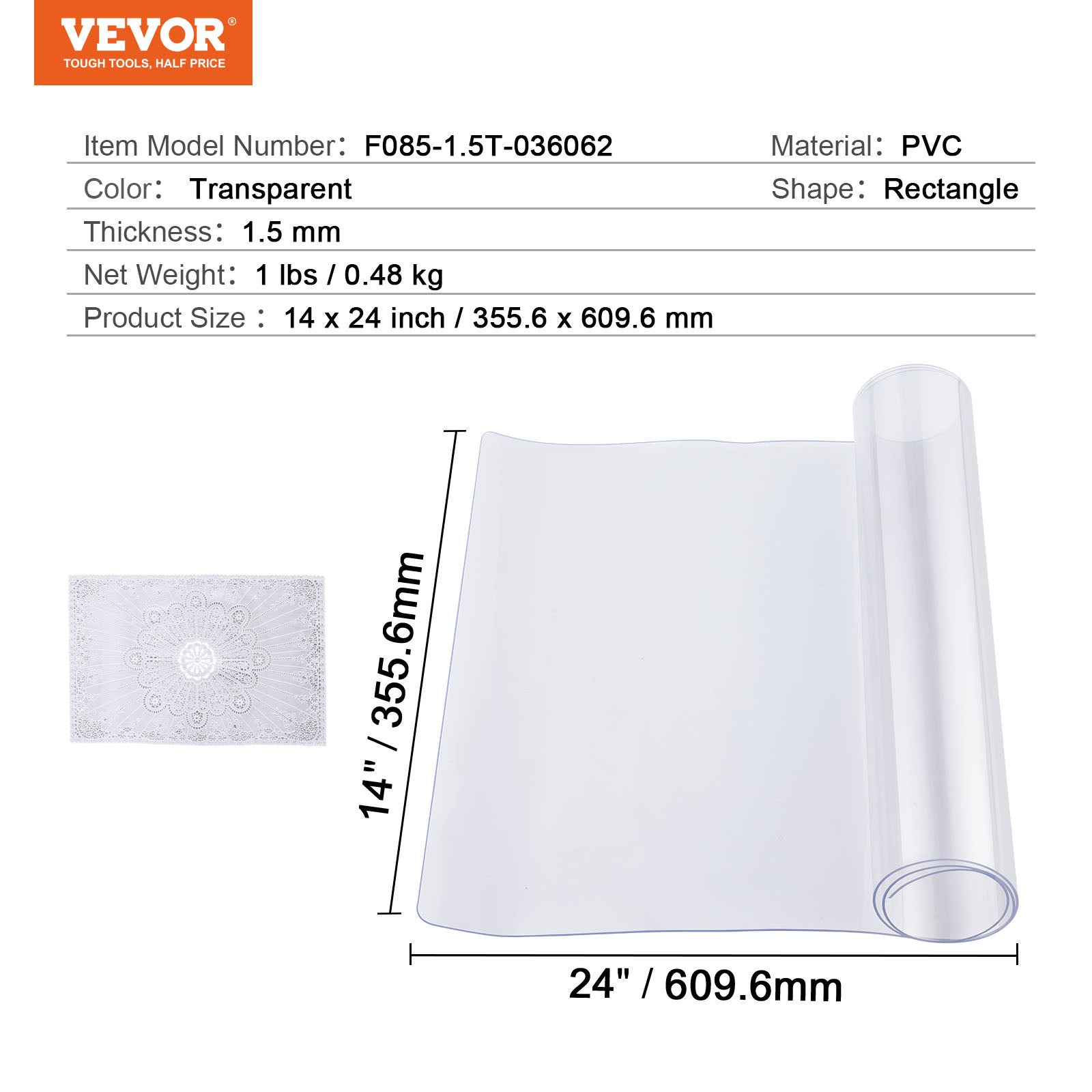 Tovaglia protettiva per tavolo in PVC trasparente VEVOR,14 x 24 pollici,spessore 1,5 mm,impermeabile e facile da pulire,adatta per ristoranti - 7