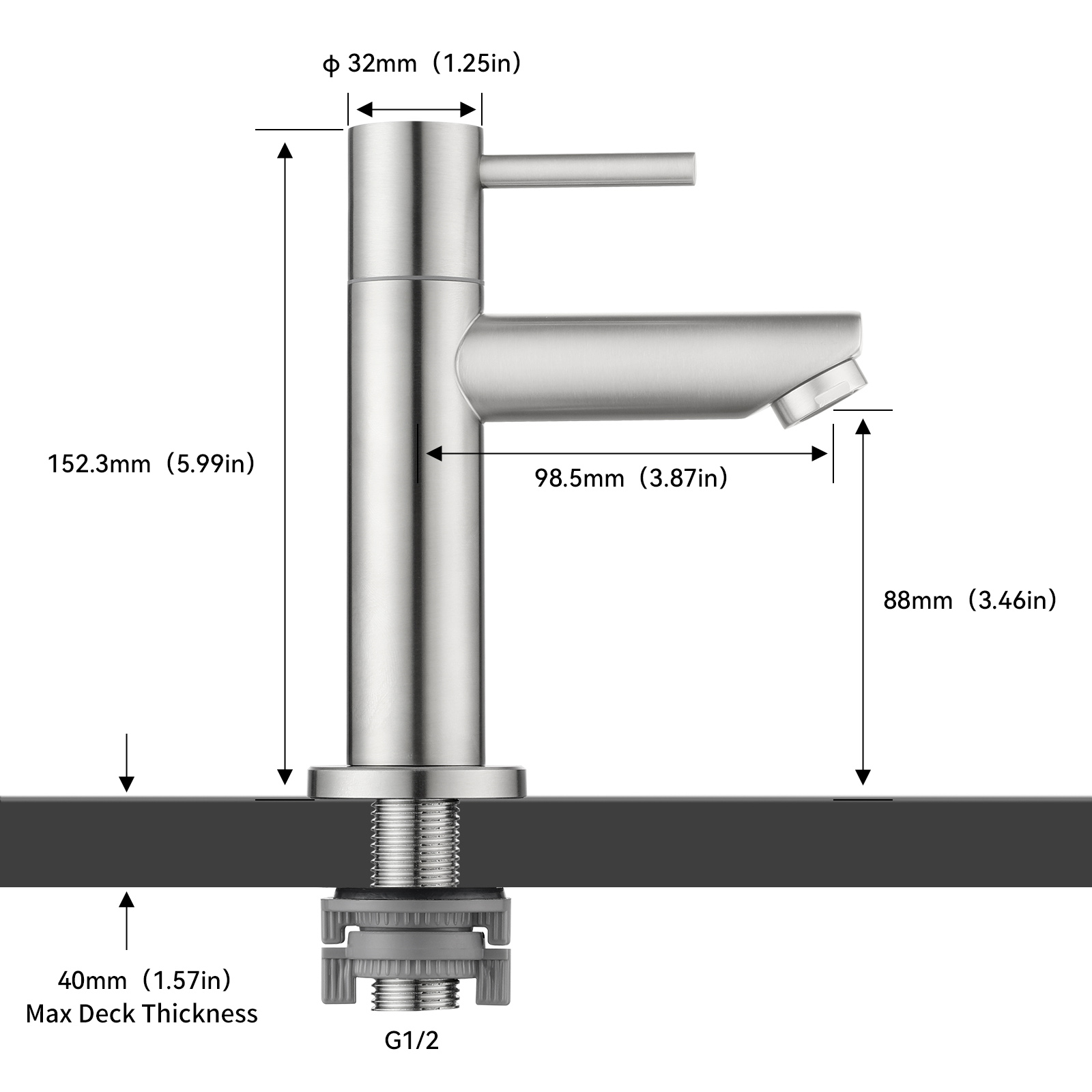 Robinet Lavabo Monotrou brossé EAU Froide+Bonde Lavabo Bonde Pop-up avec Trop-plein Automatique - 7
