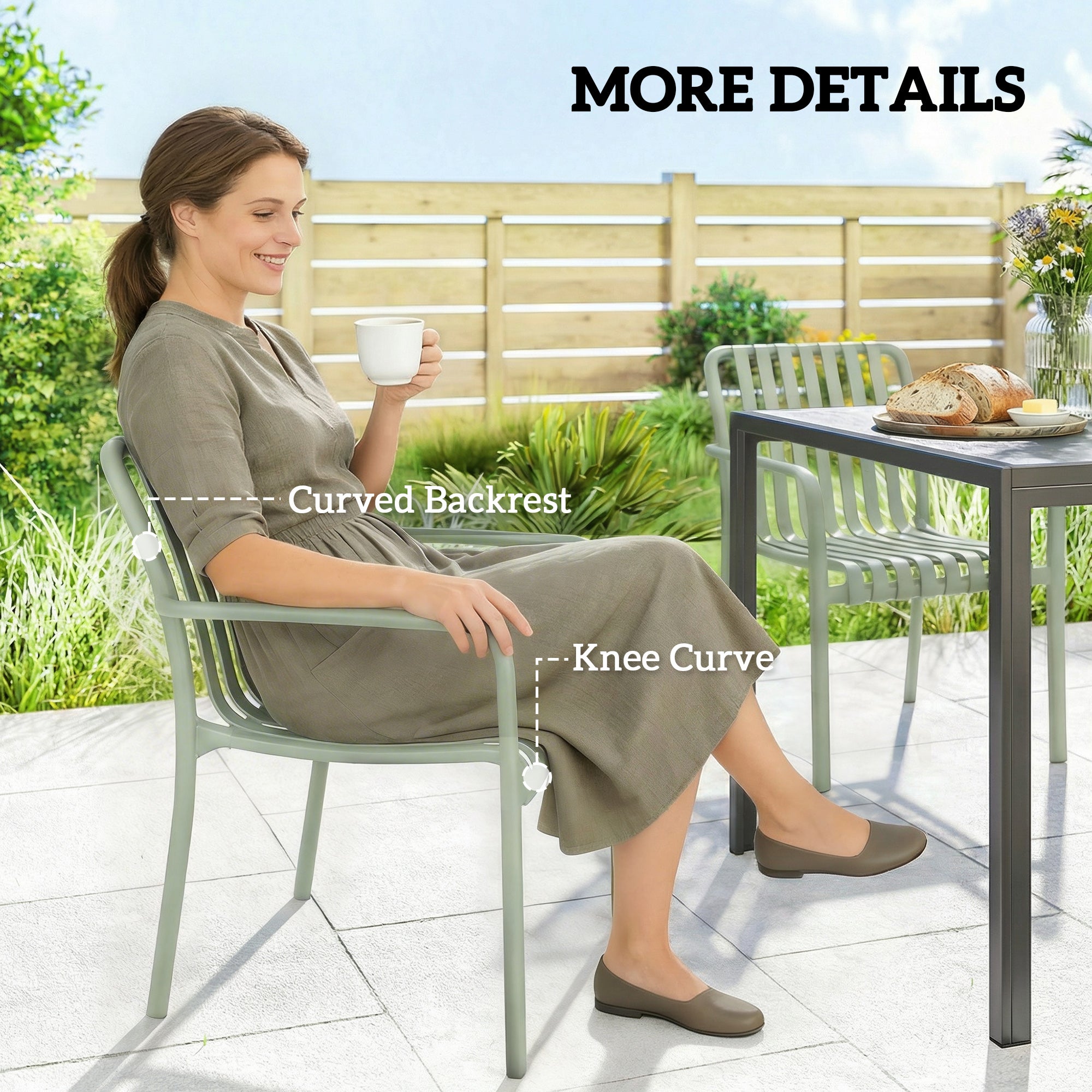 Lot 4 chaises jardin empilables polypropylène anti-UV accoudoirs dossier lattes ergonomique gris vert - 6