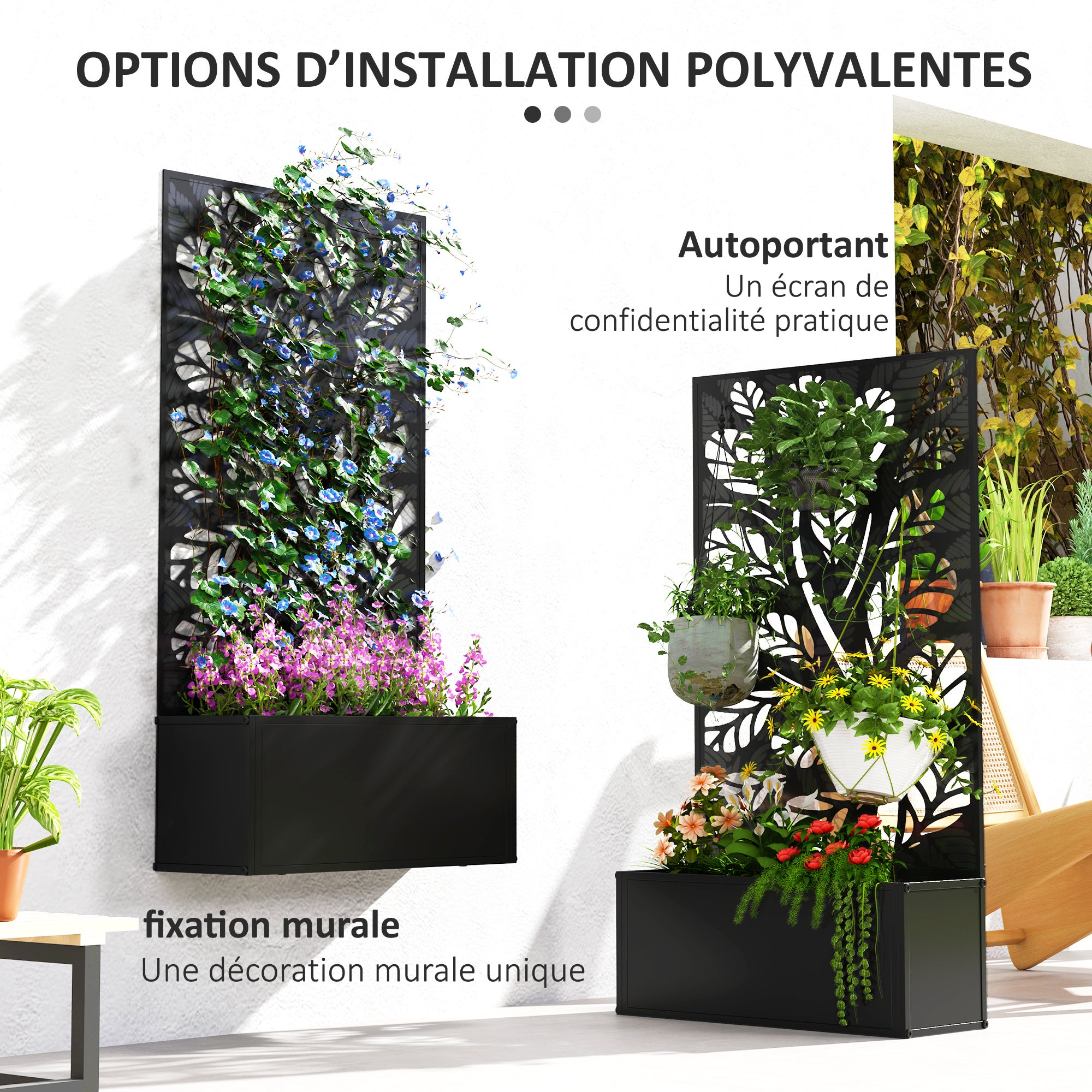 Jardinière avec brise-vue paravent treillis pour Plante Grimpante, bac à Fleurs - dim. 61L x 23l x 113H cm - 7