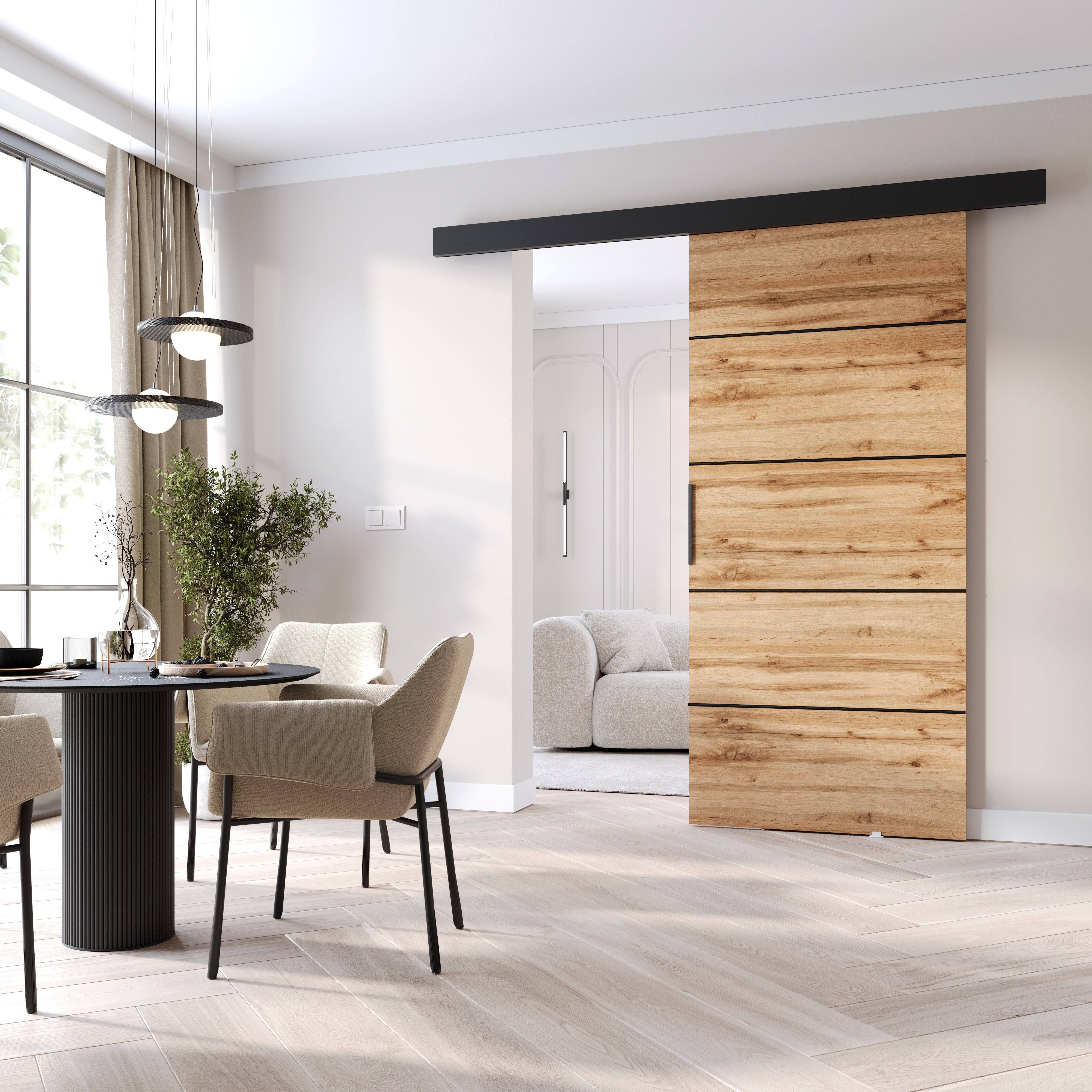 MINIO go for it, porte coulissante PRIM 1K 96 cm portes de chambre|Baguette décorative,panneau supérieur,poignée de porte en noir|Chêne Wotan/Noir - 2