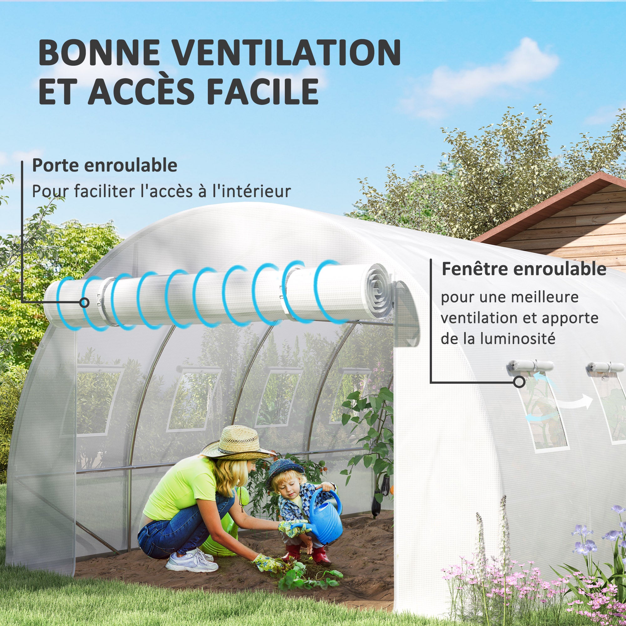 Extérieur Bâche de rechange serre tunnel 12 m² 4 x 3 x 2 m PE anti-UV imperméable 8 fenêtres + porte enroulable zippée - blanc - 6