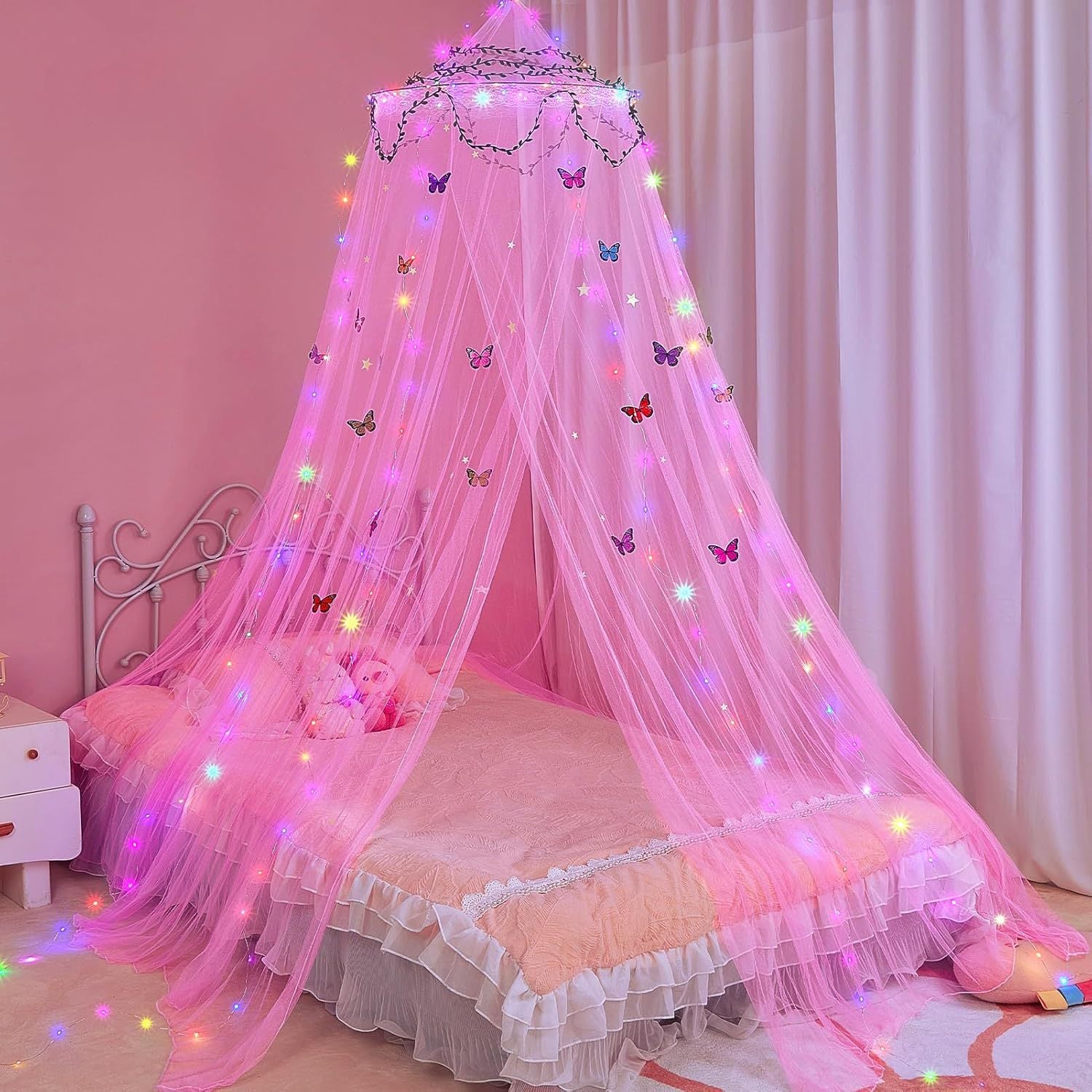 Magiczna Zasłona LED dla Dzieci - Baldachim do Łóżka Księżniczki, Moskitiera DIY z Motywem Gwieździstego Nieba i Motyli - Różowa