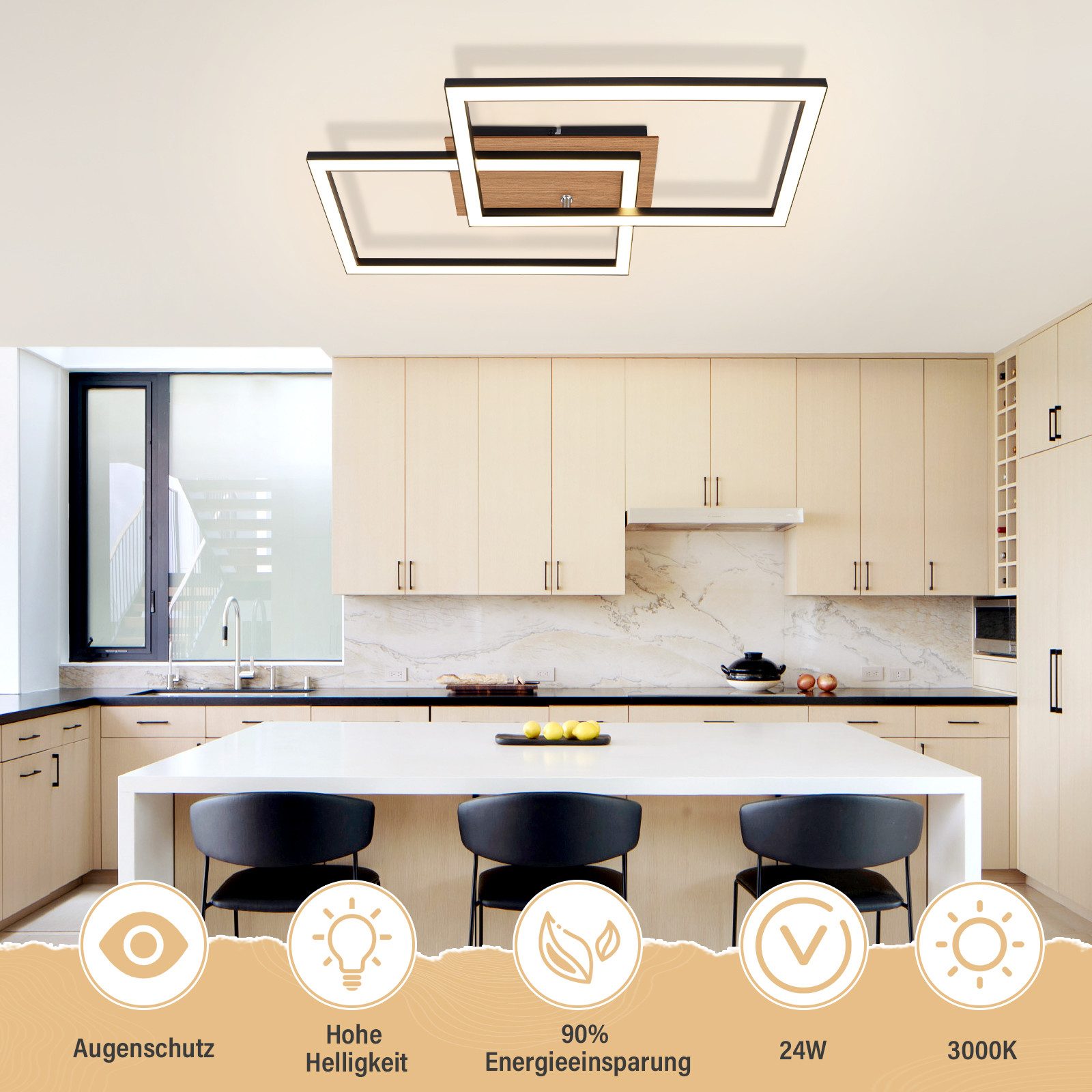 NETTLIFE Plafonnier LED Moderne Plafonnier Bois 3000K Blanc Chaud Noir Rectangle Design 24W - 2