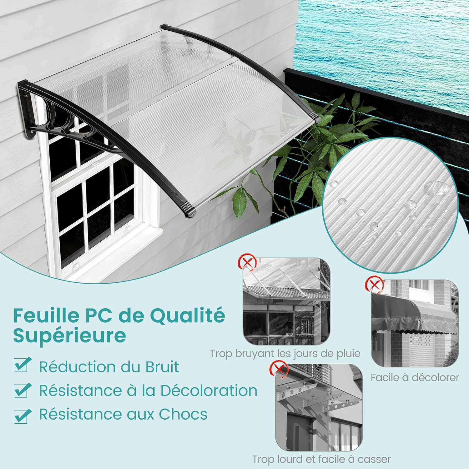 Toldo para porta de entrada 102 x 99 cm Proteção solar, marquise para porta e janela exterior Placa em policarbonato Proteção contra chuva - 8