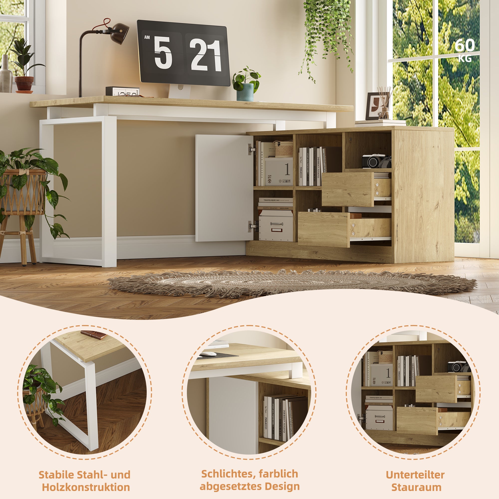 Bureau d'angle avec 2 tiroirs, 3 étagères ouvertes et 1 porte - 152 x 113,5 x 76 cm - MDF et métal - Étagères réglables - Bois naturel et Blanc - 8