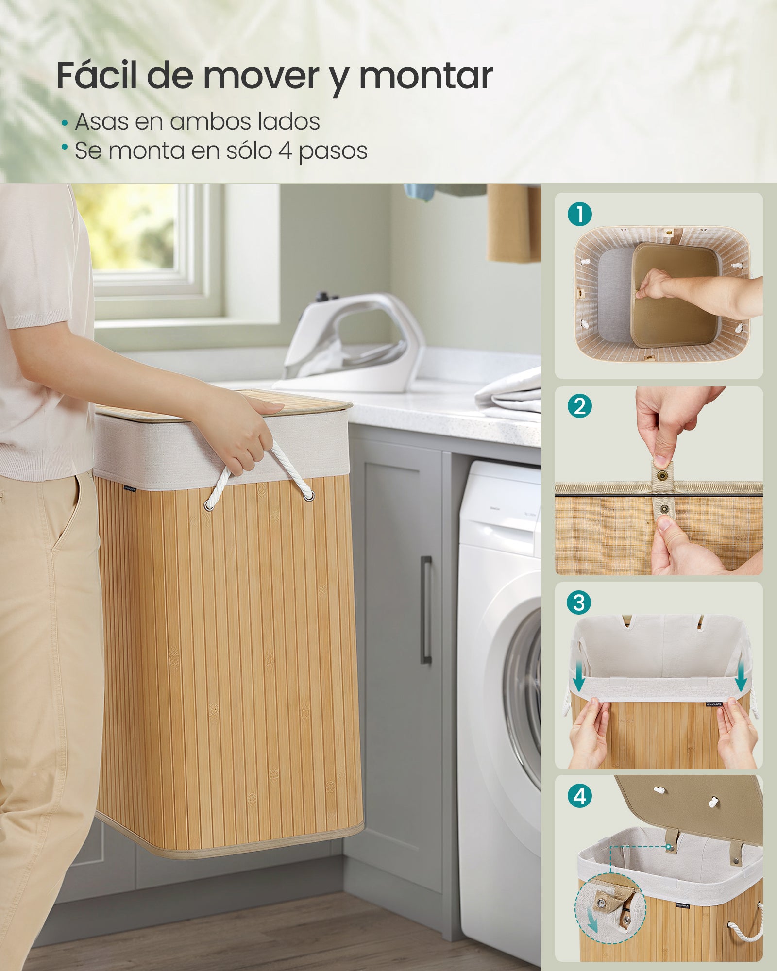 Cesto de la Ropa Sucia con Tapa, 72 L, Cesto de Lavandería de Bambú, Plegable, con Bolsa Lavable Extraíble, Asas, para Lavandería, Dormitorio, Natural - 6