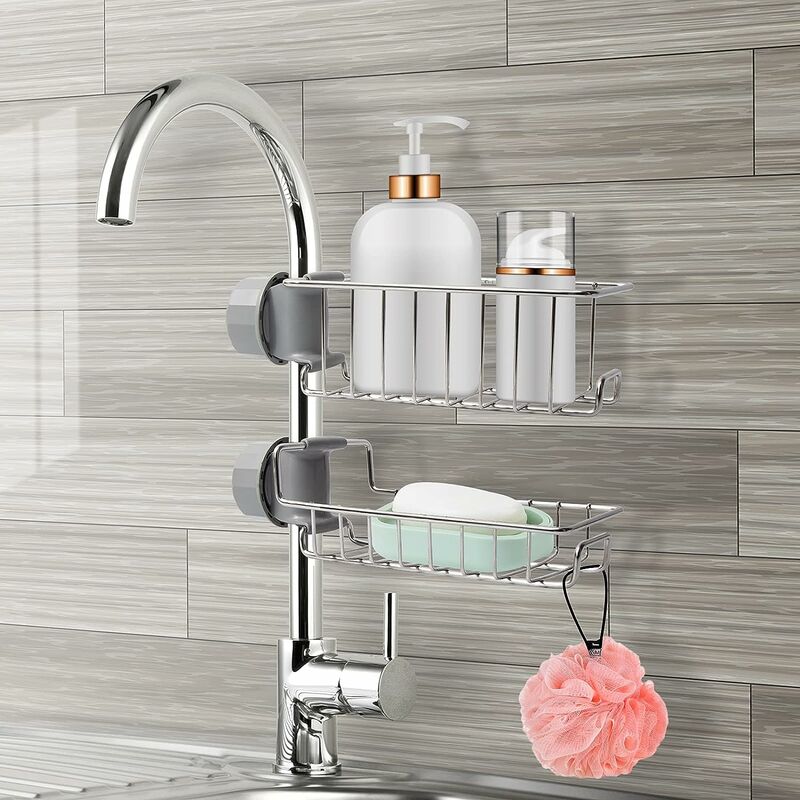 Lot de 2 Étagère Douche Sans Percage Inox, Étagère Salle de Bain Télescopique Inoxydable, Tablette Support Douche, Porte Savon Barre Douche - 5