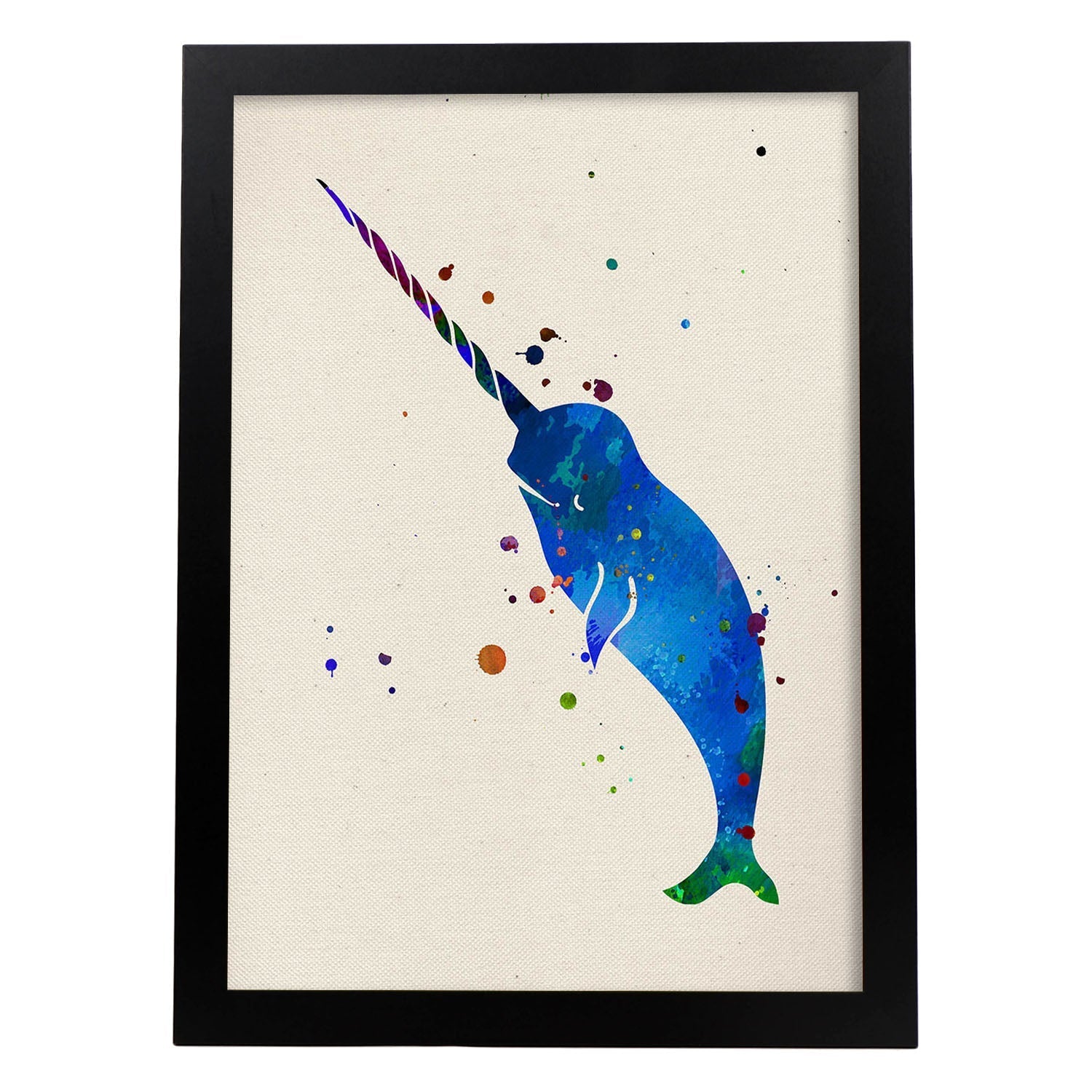 Posters de animales marinos con diseno acuarela. lamina narval, impresa con textura acuarela, para marco madera clara - a3