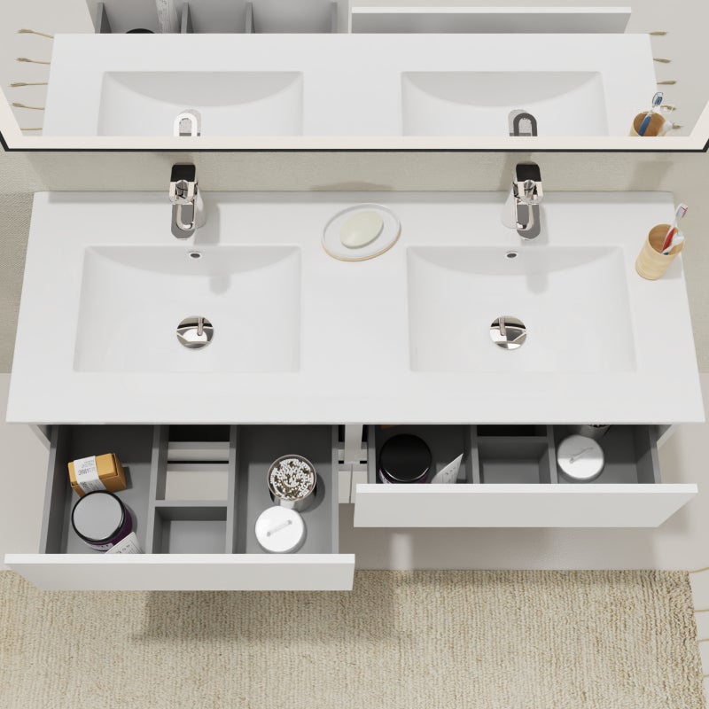 Meuble salle de bain 120 cm - Double vasque céramique - Blanc mat - A suspendre - Karaib 2 - 2