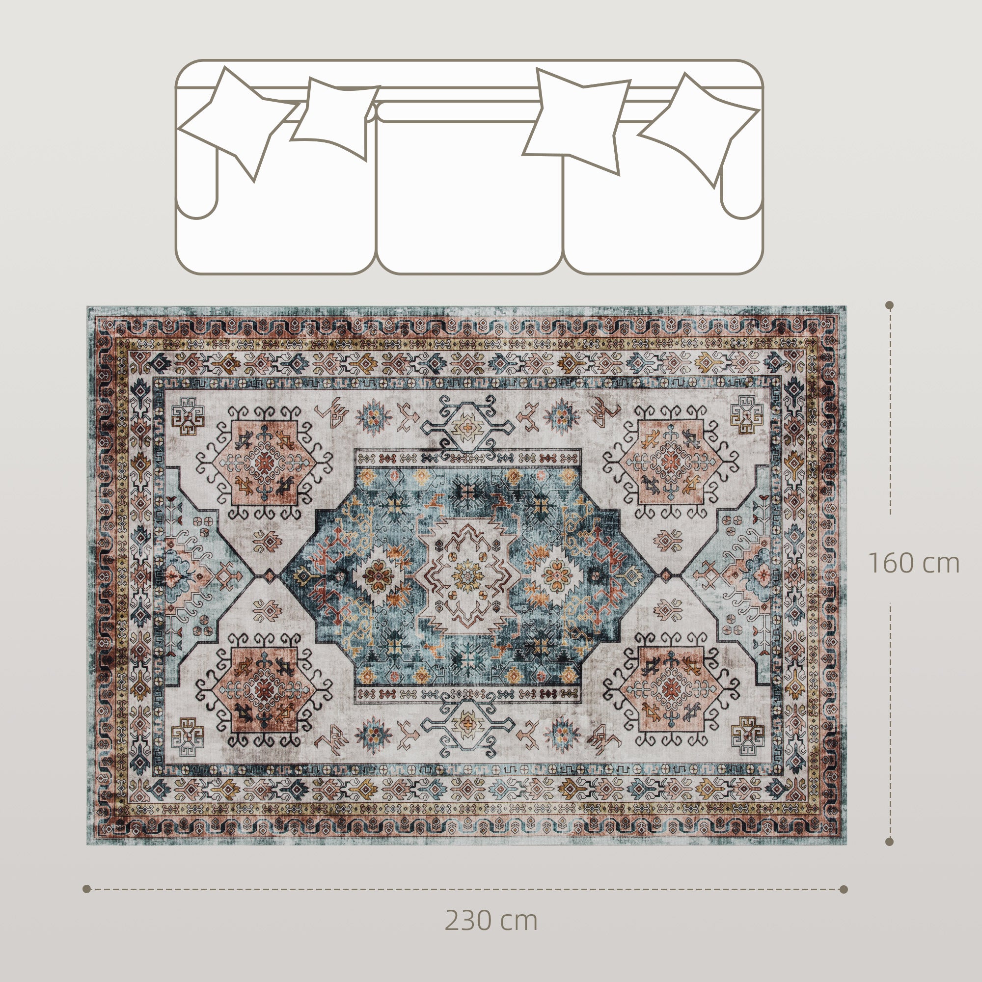 HOMCOM Tappeto Vintage Antiscivolo e Lavabile a Pelo Corto per Soggiorno e Camera, 230x160 cm, Multicolore - 3