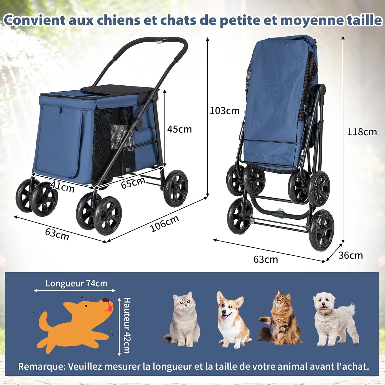 Passeggino per Cani Pieghevole, Carrello a 4 Ruote per Animali Domestici Piccoli e Medi, Trasportino Portatile con Ruote, Lucernario e Tasche, - 4