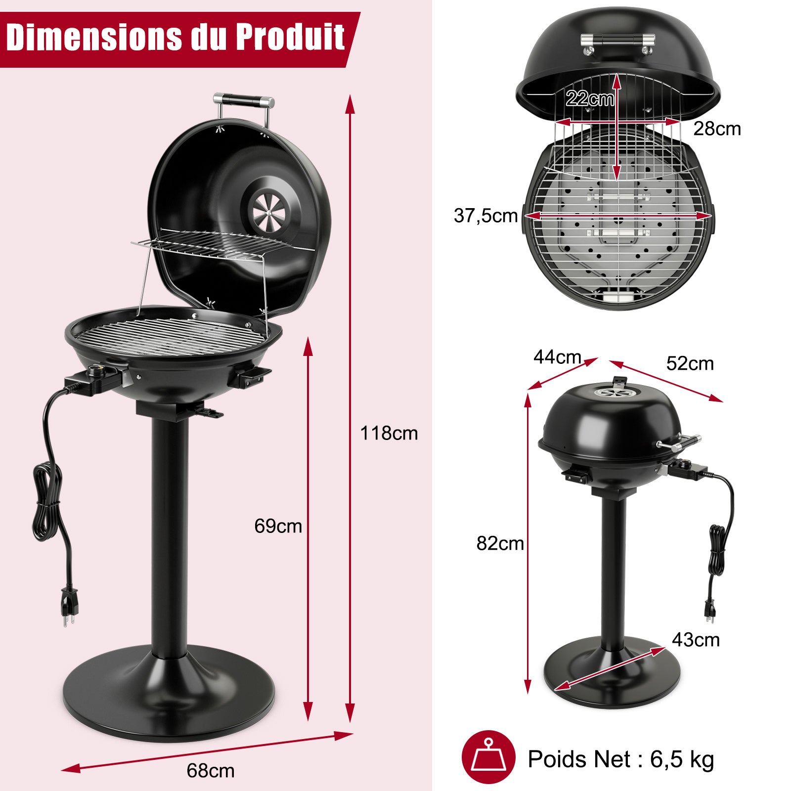 Grill Elettrico per BBQ, Grill Portatile Verticale con Griglia Scaldavivande Rimovibile Antiaderente, Temperatura Regolabile, 1600 Watt Grill - 6